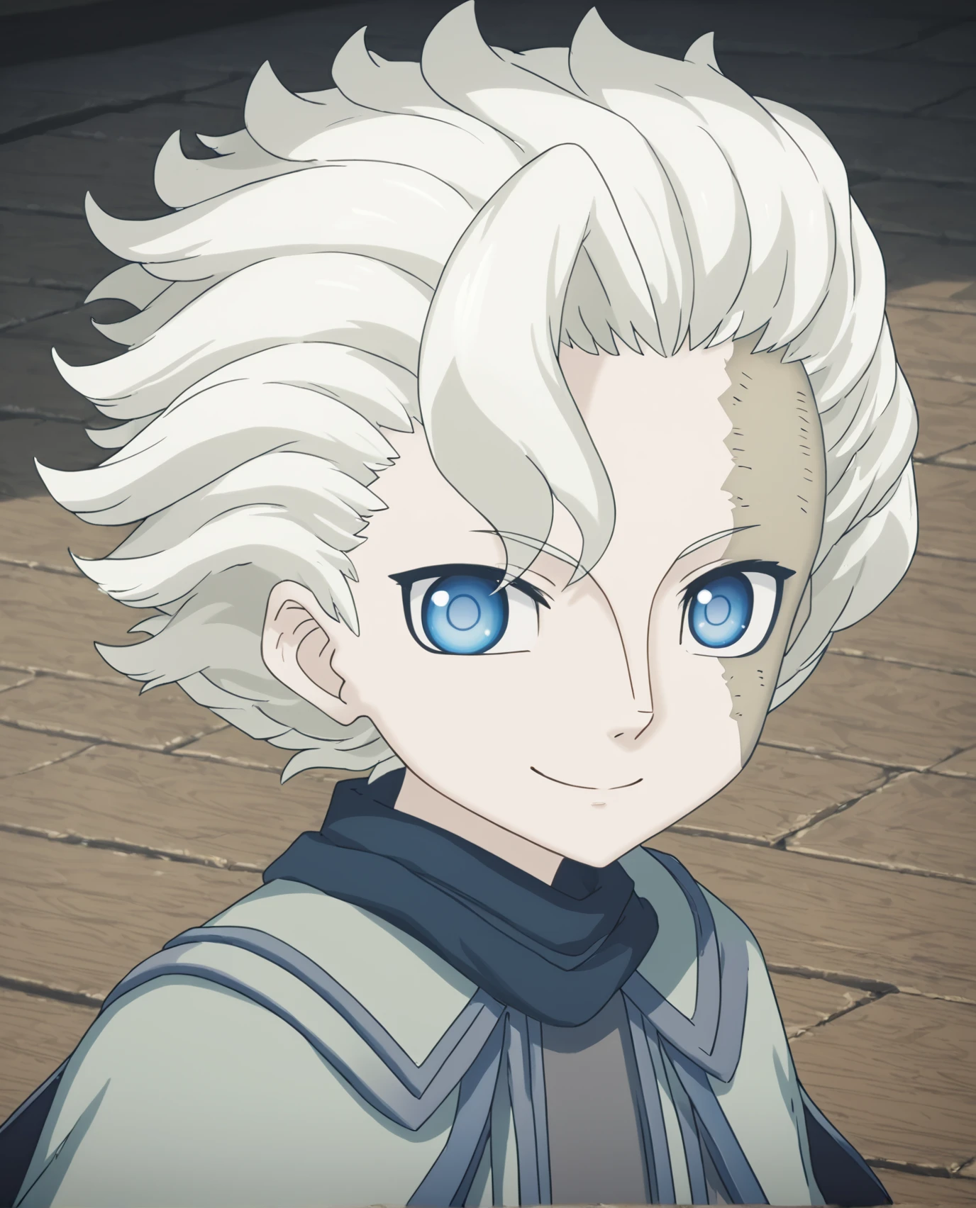 <lora:Belaf_Made_in_Abyss:1>, white hair, blue eyes, belaf, face scar, face, solo, smile, score_9