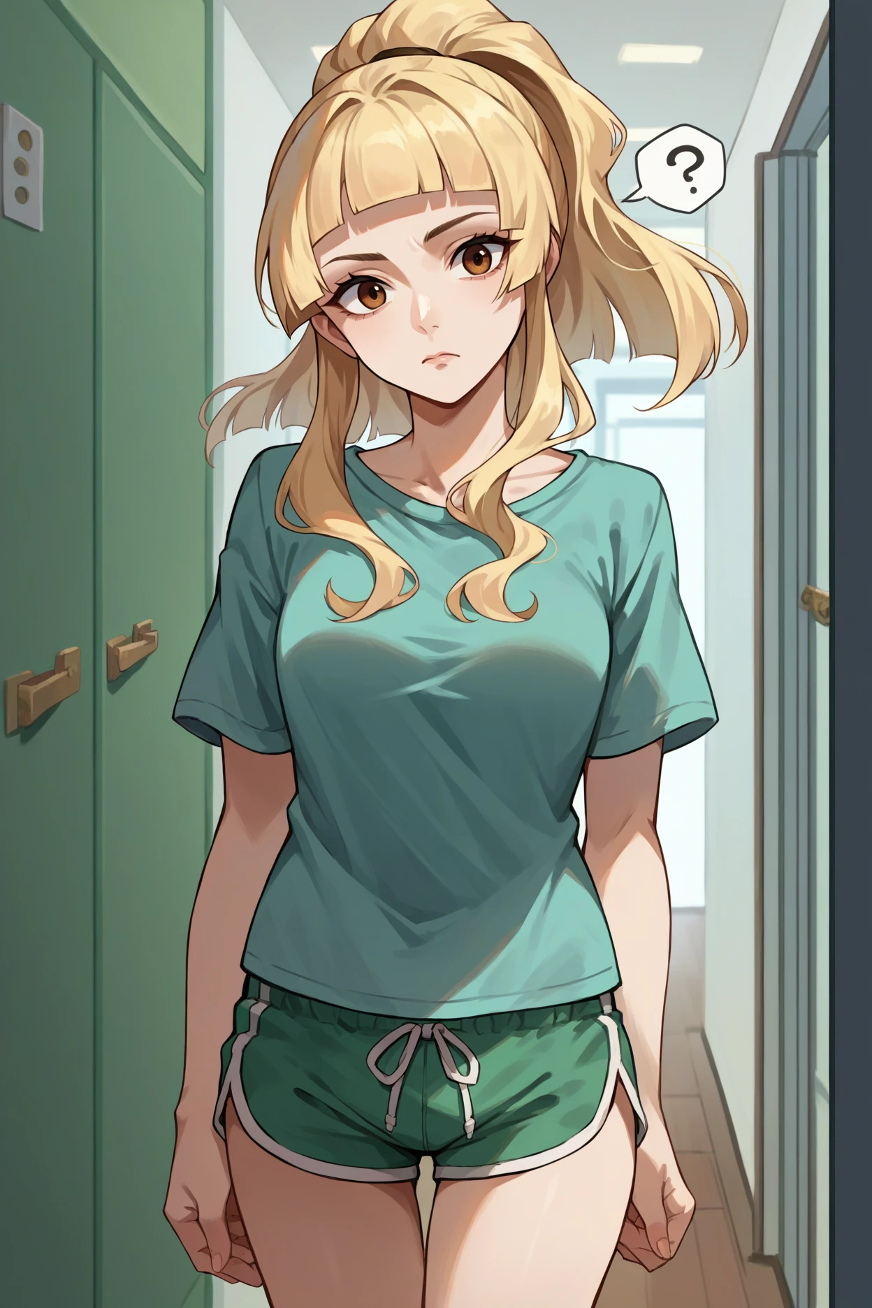 score_9, score_8_up, score_7_up, score_6_up, source_anime, 1girl, solo, <lora:feclair-pdxl-nvwls-v1-000006:1> feClair, blonde hair, high ponytail, blunt bangs, green t-shirt, dolphin shorts, looking at you, head tilt, confused, hallway