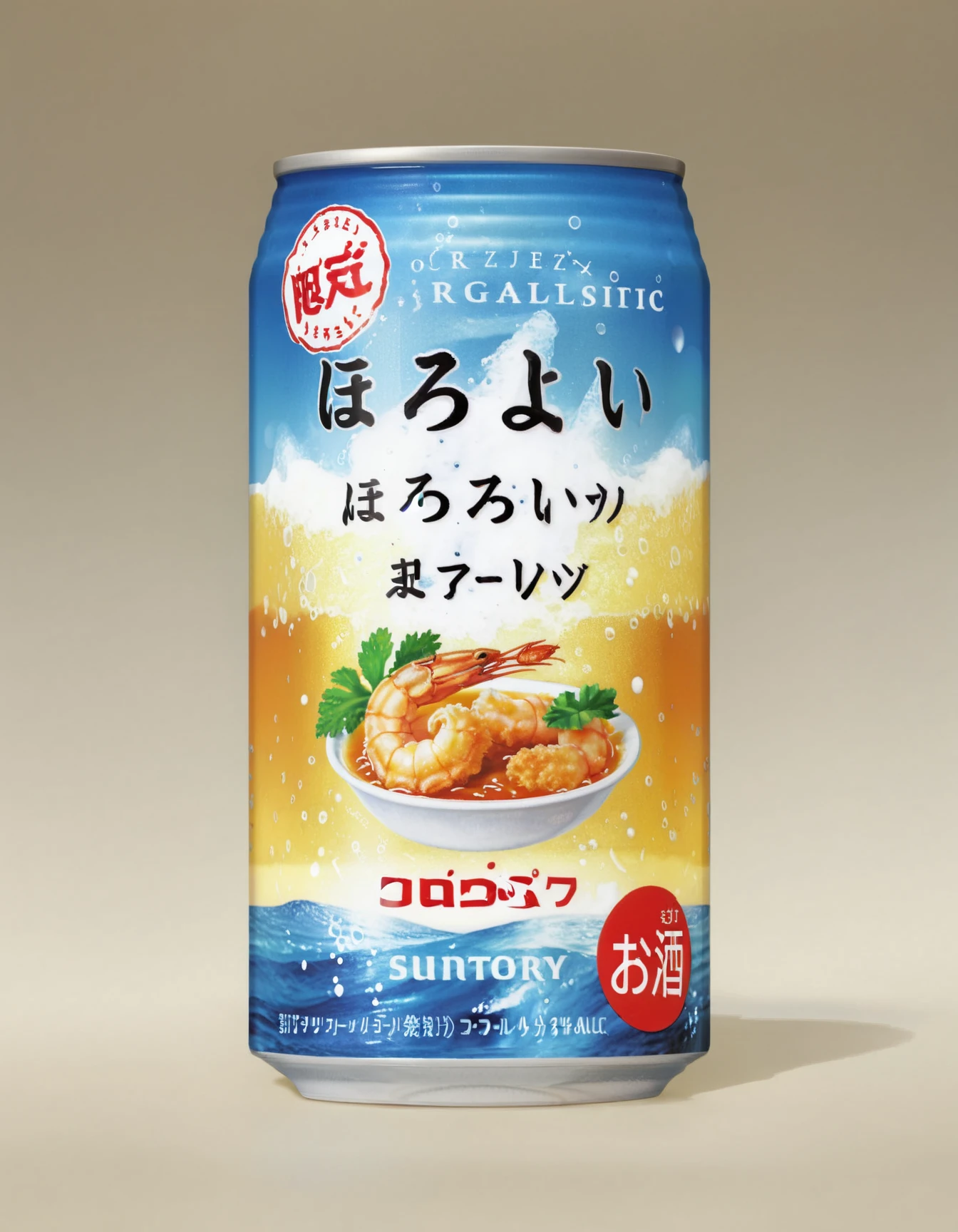 Create a realistic image of a can beer with Fried shrimp  flavor, , SUNTORY, <lora:horoyoi2:0.8>,solo, close up,ocean