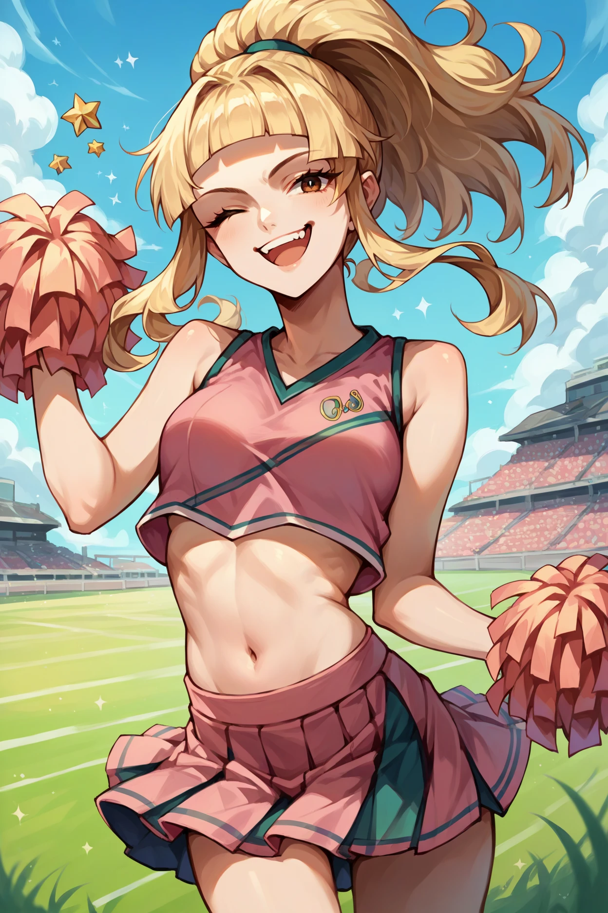 score_9, score_8_up, score_7_up, score_6_up, source_anime, 1girl, solo, <lora:feclair-pdxl-nvwls-v1-000006:1> feClair, blonde hair, high ponytail, blunt bangs, pink crop top, midriff, pink pleated skirt, cheerleader, pom pom, happy, smug, wink, blue sky, field, city