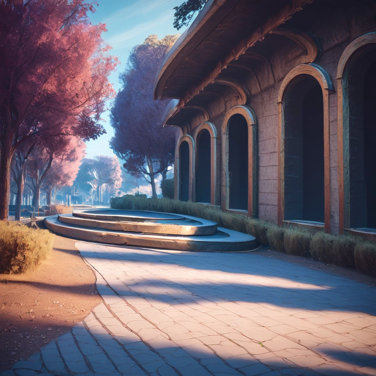 score_8_up. score_7_up, score_9, BREAK <lora:PhotorealponyXLV5:1>, photorealistic, <lora:Duviri_style_-_Warframe_PONY:0.95>, trees, courtyard, scenery, nature