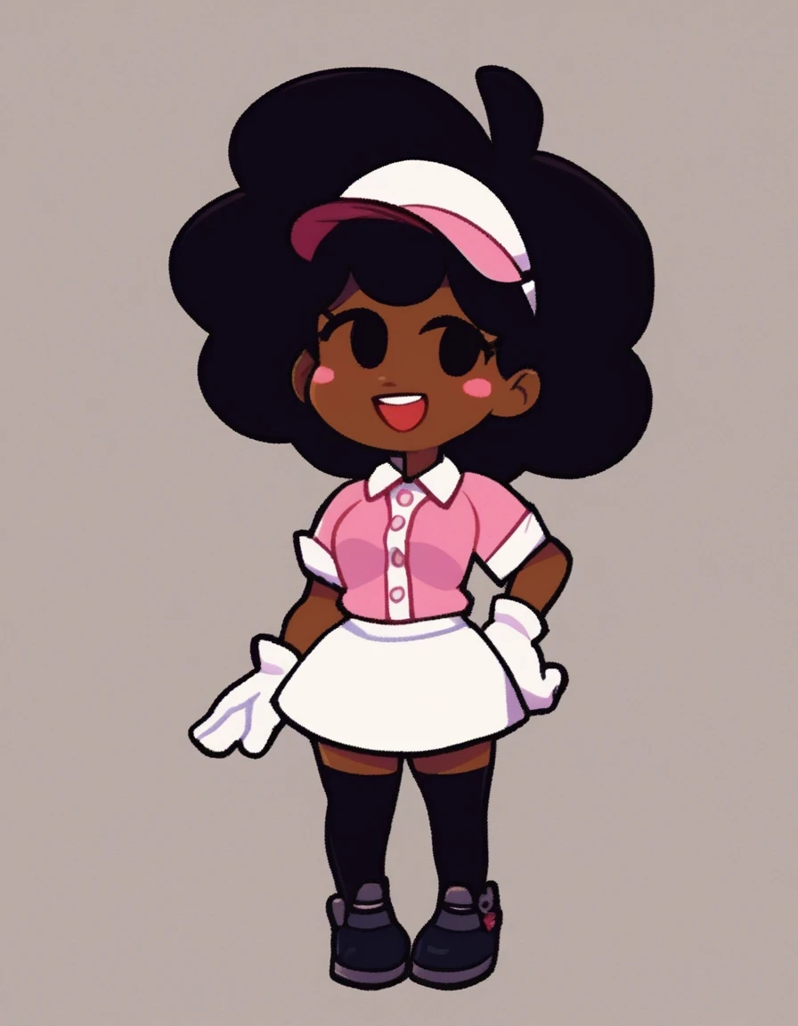 carol, 1girl, solo, smile, open mouth, black hair, full body, dark skin, black eyes, dark-skinned female, blush stickers, big hair, very dark skin, afro, white skirt, pink polo shirt, black thighhighs, gloves, white gloves, visor cap, collared shirt