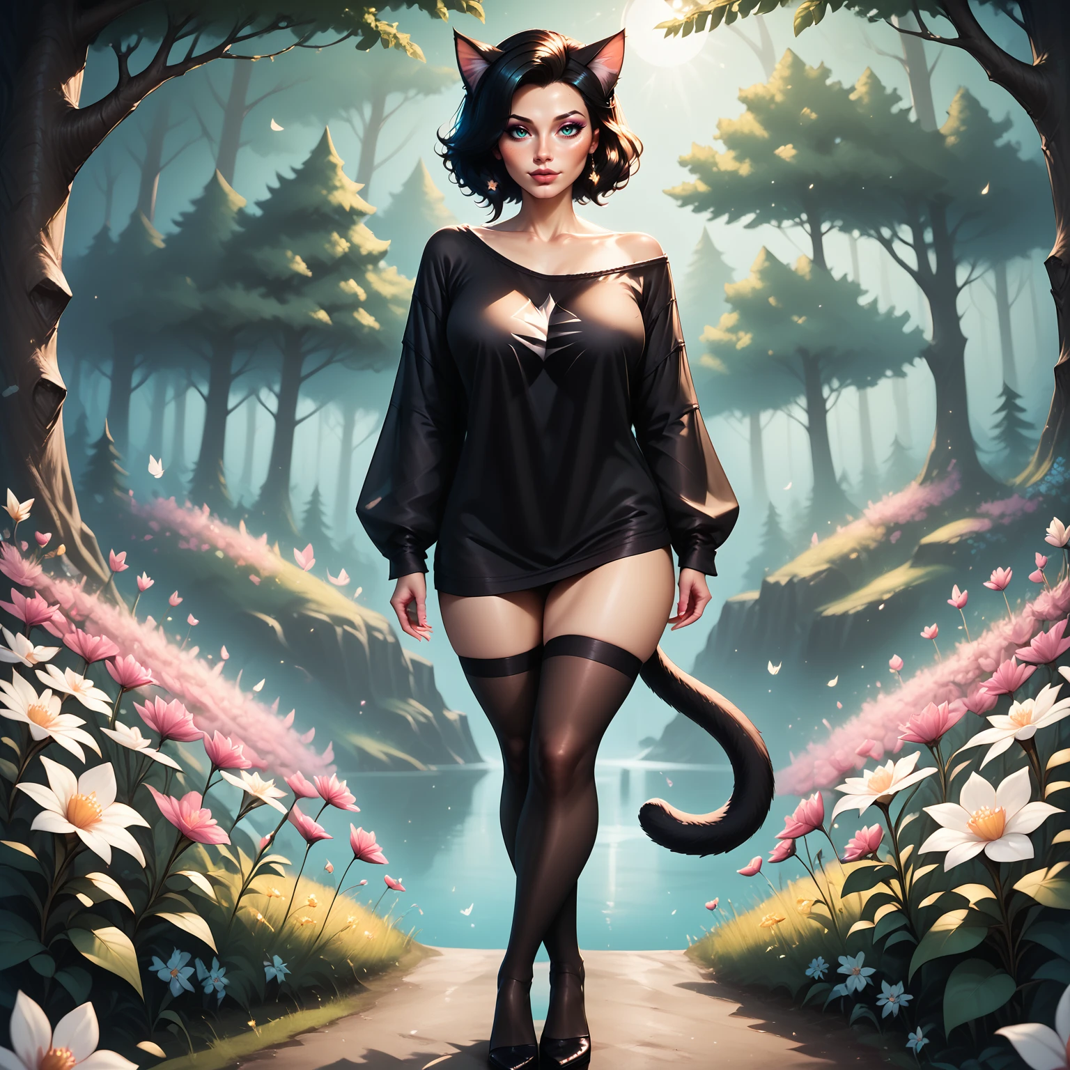 score_9, score_8_up, score_7_up, score_6_up, score_5_up, score_4_up, fairytale forest, ambient lightning, Jed-Fanfopo, flowers of all kinds, magical atmosphere, Fantasy,  ,, masterpiece, full of details, sharp , , crossed legs,  1 girl,catgirl, catears, cattail, Jed-ovrszd,  black oversized shirt,  black stockings, long sleeves, full body, <lora:FantasyForestPONY_epoch_6:0.5>,<lora:Oversized_epoch_3:0.7>