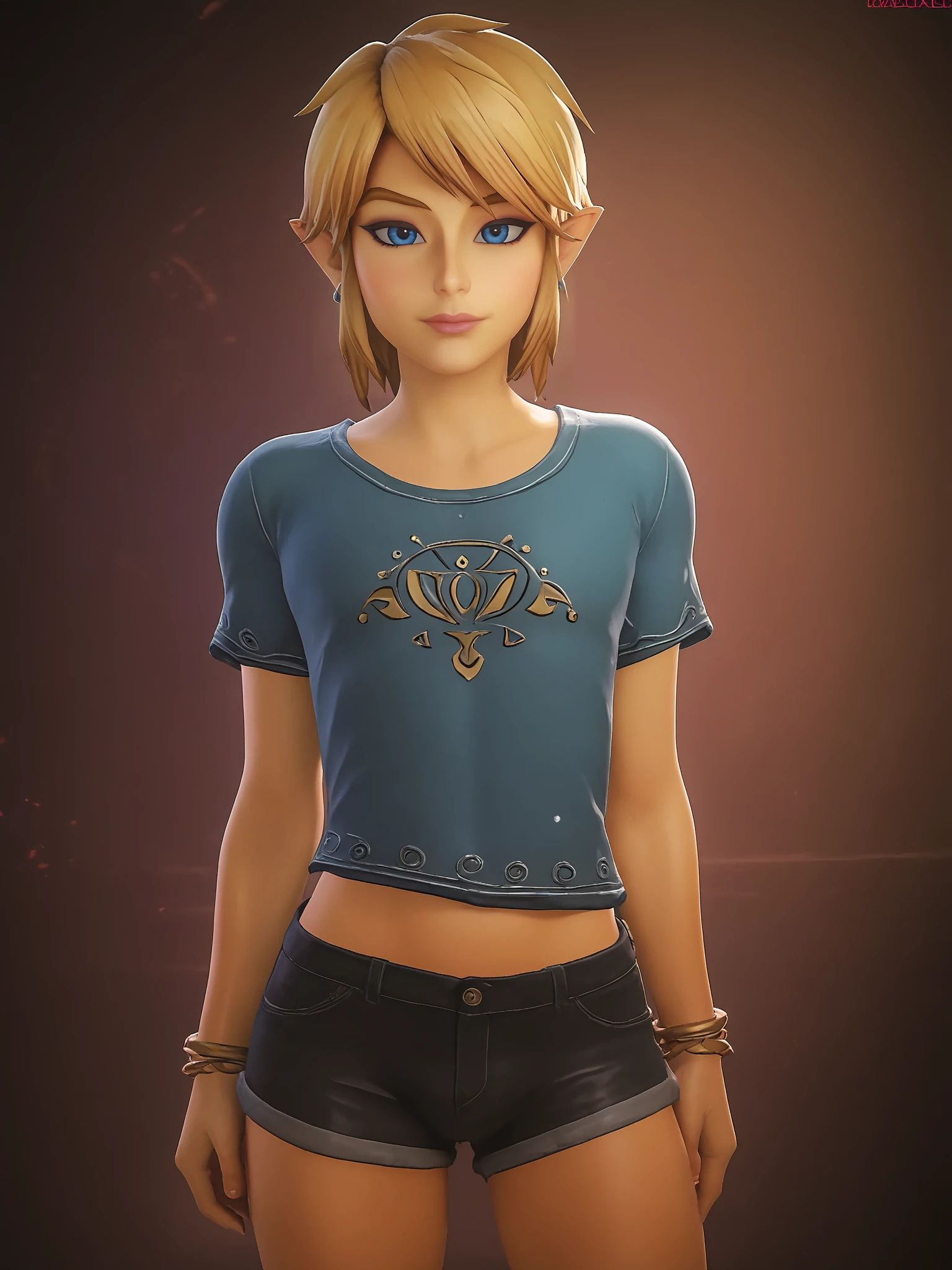 score 9 up, score 8 up, score 7 up, highres, absurdres,
 <lora:Fugtrup_character_of_Link_Zelda_PonyXL:1>, 1boy, link from zelda, femboy,  1girl, shirt, shorts, looking at viewer, standing,