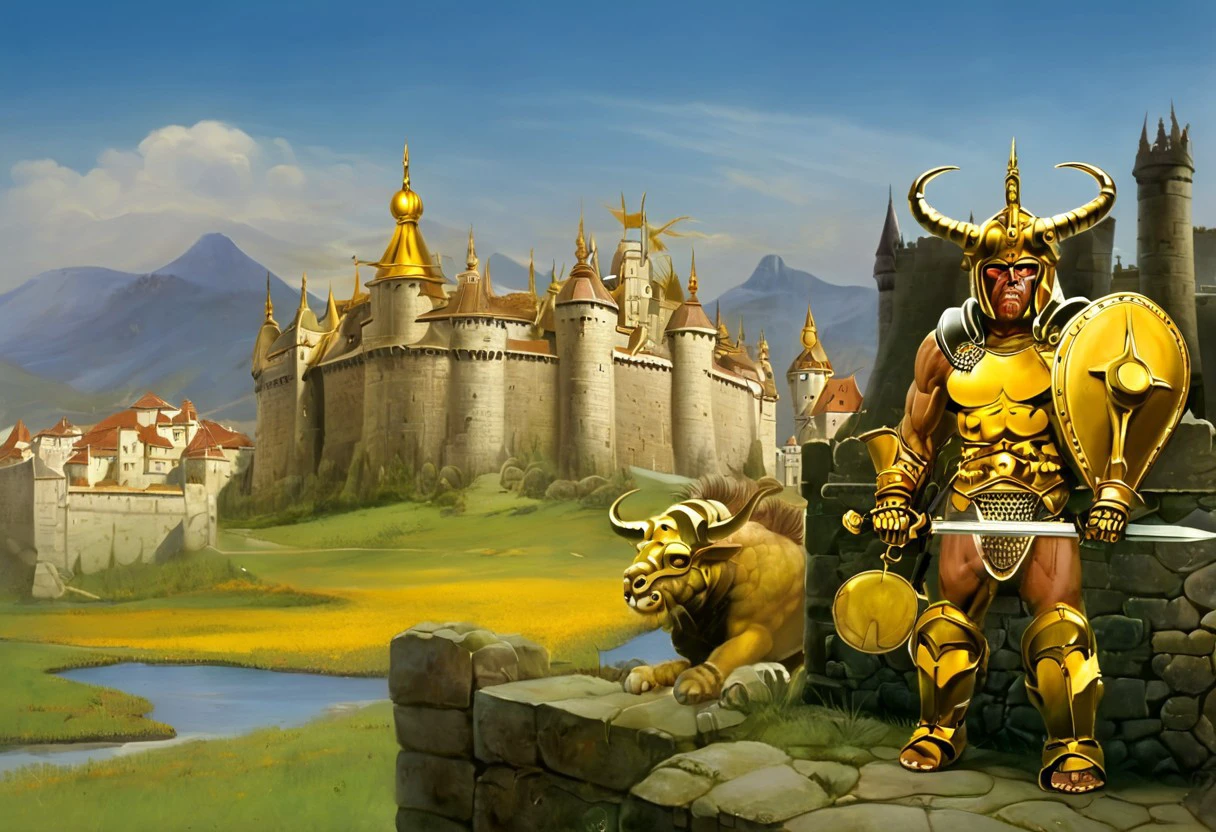 Score_9,score_8_up,score_7_up, Cachilleos, a muscular warrior ready for battle, with a horned Helmet and golden Armor, a castle in The background, realistic,