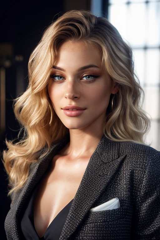 Prada tailored blazer with contrasting lapels, styled with cigarette pants and pointed-toe pumps. breathtaking a breathtaking glamour photo:1.3 of a beautiful woman,  <lora:OlgaTarasiuk_V1:1>,  photo model body, curly blonde hair, perfect hair, looking at viewer, realistic, realistic skin high detail, 8k, professional lighting, award-winning, professional, highly detailed, medium shot,  epiCRealism