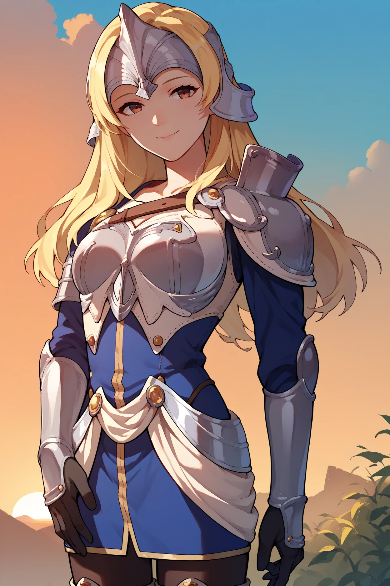 score_9, score_8_up, score_7_up, score_6_up, source_anime, 1girl, solo, <lora:femathilda-pdxl-nvwls-v1-000006:1> feMtlda, blonde hair, helmet, armor, blue dress, black gloves, pantyhose, thigh boots, upper body, blue sky, sunset, looking at you, smile