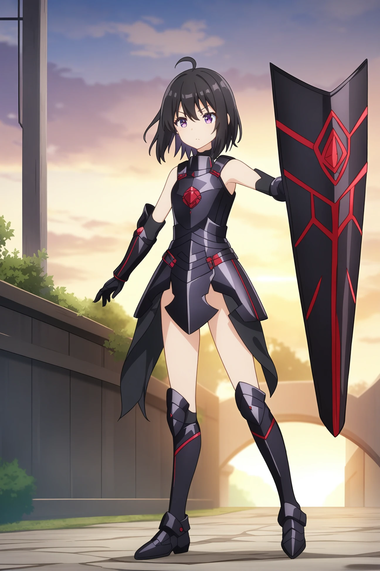 black armor black shield, bof-maple, purple eyes, black hair, 1girl, solo, skinny, masterpiece, absurdres, high quality, highres, best quality, (full body:1.20), recent <lora:bof-maple-V05-000003:0.4>