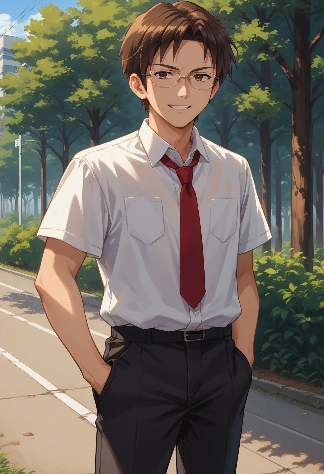 score_9, score_8_up, source_anime, 1boy, solo, KitaHighMaleSummer, white collared shirt, short sleeves, red necktie, black pants, brown hair, short hair, glasses, outdoors, hands in pockets, smile, <lora:ChamKitaHighUniformPonyXL:1>