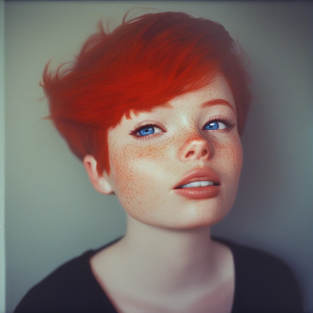 1girl solo freckles short hair red hair blue eyes parted lips teeth portrait