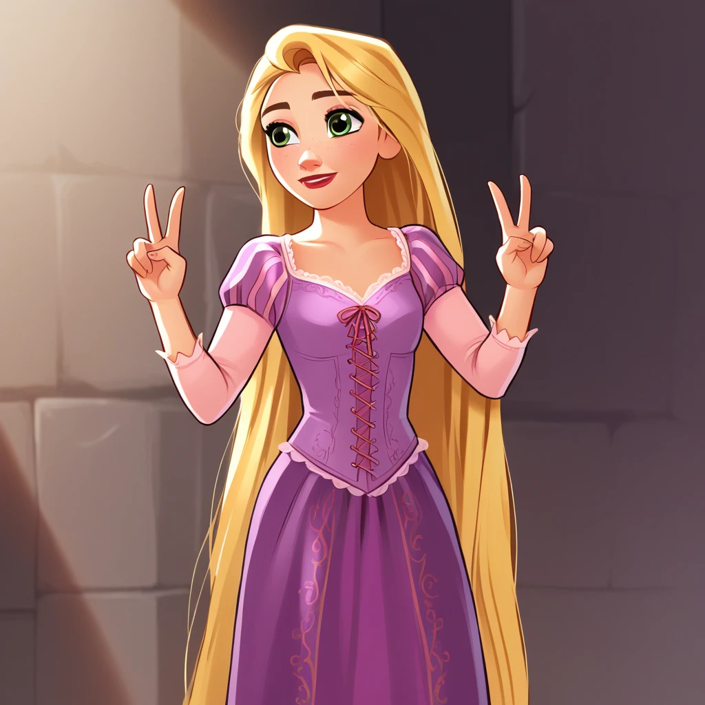 score_8_up, BREAK, rapunzel, 1girl, solo, blonde hair, long hair, green eyes, dress, cowboy shot, arms at sides,  <lora:Rapunzel_PXL_Leaf1:1>, double v,