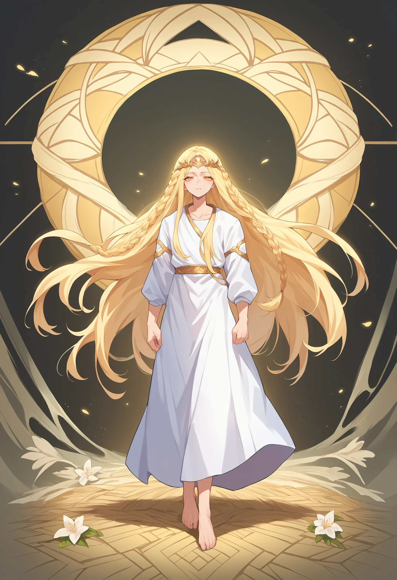 score_9, score_8_up, score_7_up, source_anime, <lora:wrenchEldenRingSoteMiquella:1>, ersotemiquella, blonde hair, 1boy, braid, long hair, yellow eyes, white robe, circlet, 
full-length portrait, barefoot,