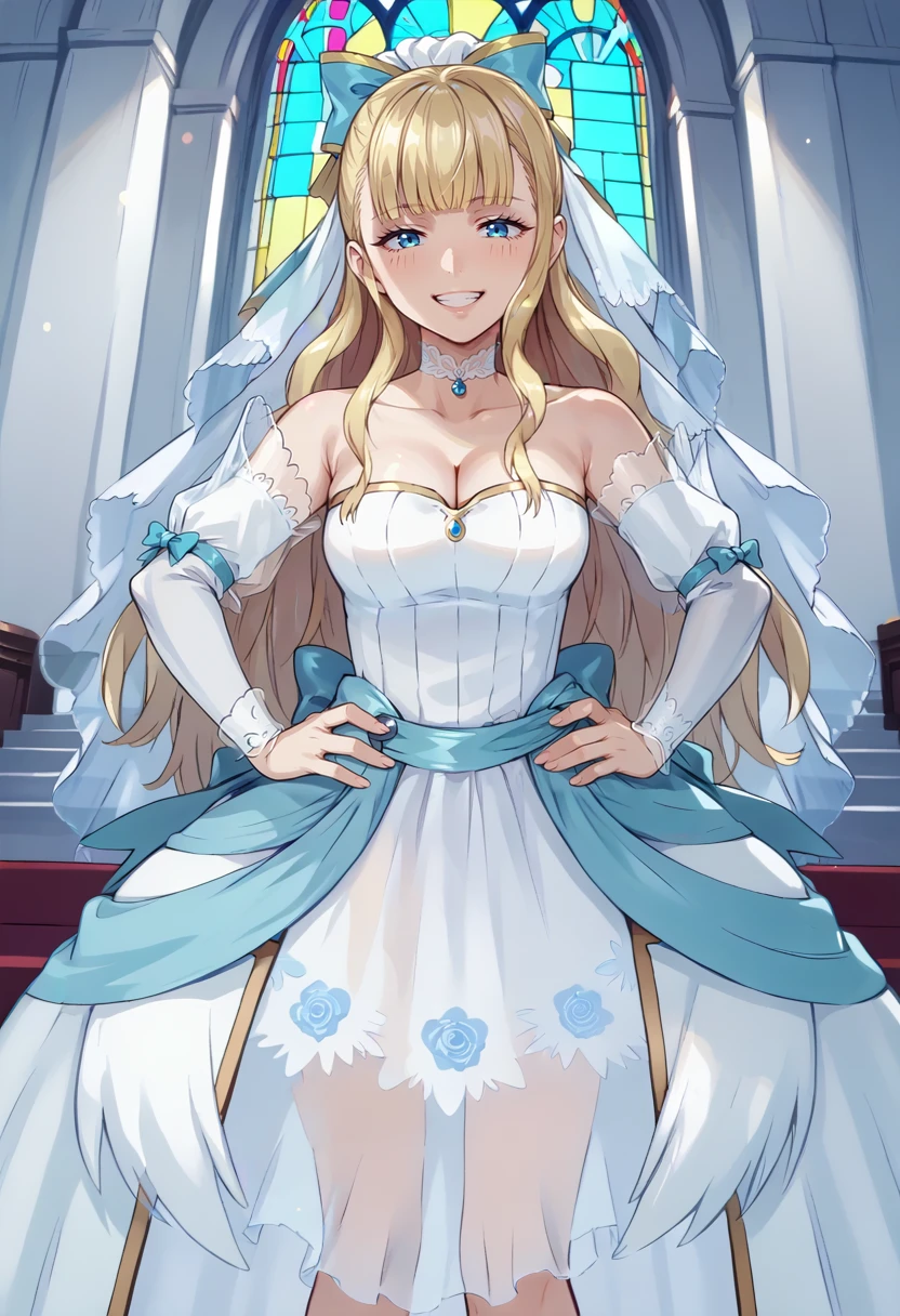 score_9, score_8_up, score_7_up, source_anime, 1girl, cowboy shot, looking at viewer, grin, hands on own hips, <lora:CharlotteFE-pdxl:1> brdChar, long hair, blunt bangs, hair bow, blue bow, veil, white choker, wedding dress, strapless, cleavage, detached sleeves, see-through sleeves, see-through skirt, indoors, church