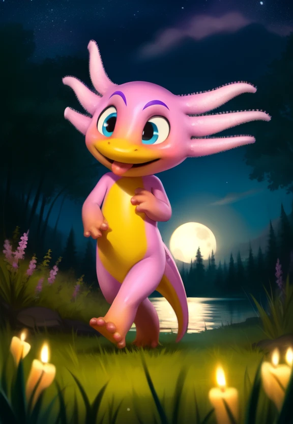 <lora:ShimShinGazi:0.85> ShimShinGazi, axolotl, pink skin, yellow belly,  chibi, (winking face with tongue)
[ forest, grass, night, stars, lake, waterfall, clear water, evening, moon shining, reflection in water, clouds, flowers, blanket, blue pillows, candles, bed, pillows, ], ((solo focus))
 (beautiful, aesthetic, perfect, delicate, intricate), masterpiece, digital drawing, best quality, (walking ) 
by Chunie, by CyanCapsule, by Hallogreen,