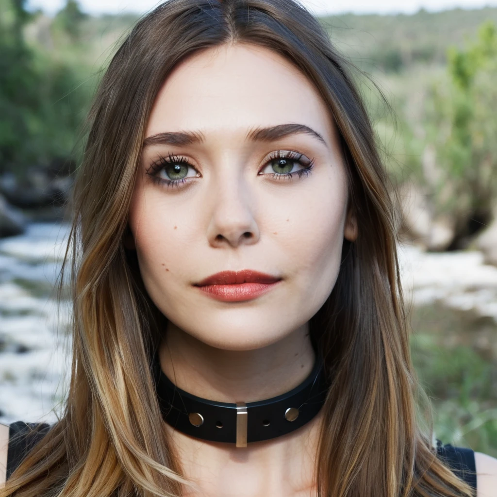 Skin texture, no makeup, Super high res closeup portrait photo of a woman outdoors with straight hair, wearing a choker around her neck,f /2.8, Canon, 85mm,cinematic, high quality,looking at the viewer,  elxolsn,  <lora:eliolsen_2012_juggerX_xl_1_wocap-elxolsn-000120:1>