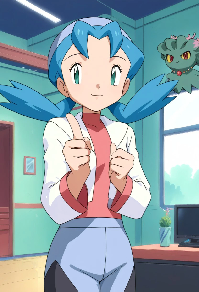 (source_anime, score_9, score_8_up, score_7_up:1), 1girl, solo, trainermarina, looking at viewer, pointing, indoors, pokemoncenter