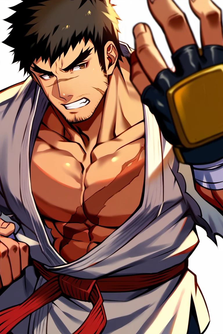 score_9, score_8_up, score_7_up, score_6_up, source_game \(Dungeon Fighter Online\), perfect anatomy, perfect proportions, best quality, masterpiece, high-resolution, high quality, aesthetic, absurdres, (male focus), solo male, BERGrappler, male Grappler \(Dungeon Fighter Online\), black hair, short hair, brown eyes, thick eyebrows, forked eyebrows, stubble, scars on face, scar on nose, scar on cheek, scar on chest, pectoral cleavage, black dougi \(martial arts clothes\), black pants, torn clothes, red martial arts belt, yellow/black fingerless gloves, two-tone fingerless gloves, barefoot, white wrist bandage, white foot bandage, adult, mature, masculine, manly, handsome, charming, alluring, standing, upper body, dutch angle, cowboy shot, toned male, serious, fighting stance<lora:EMS-442684-EMS:0.800000>