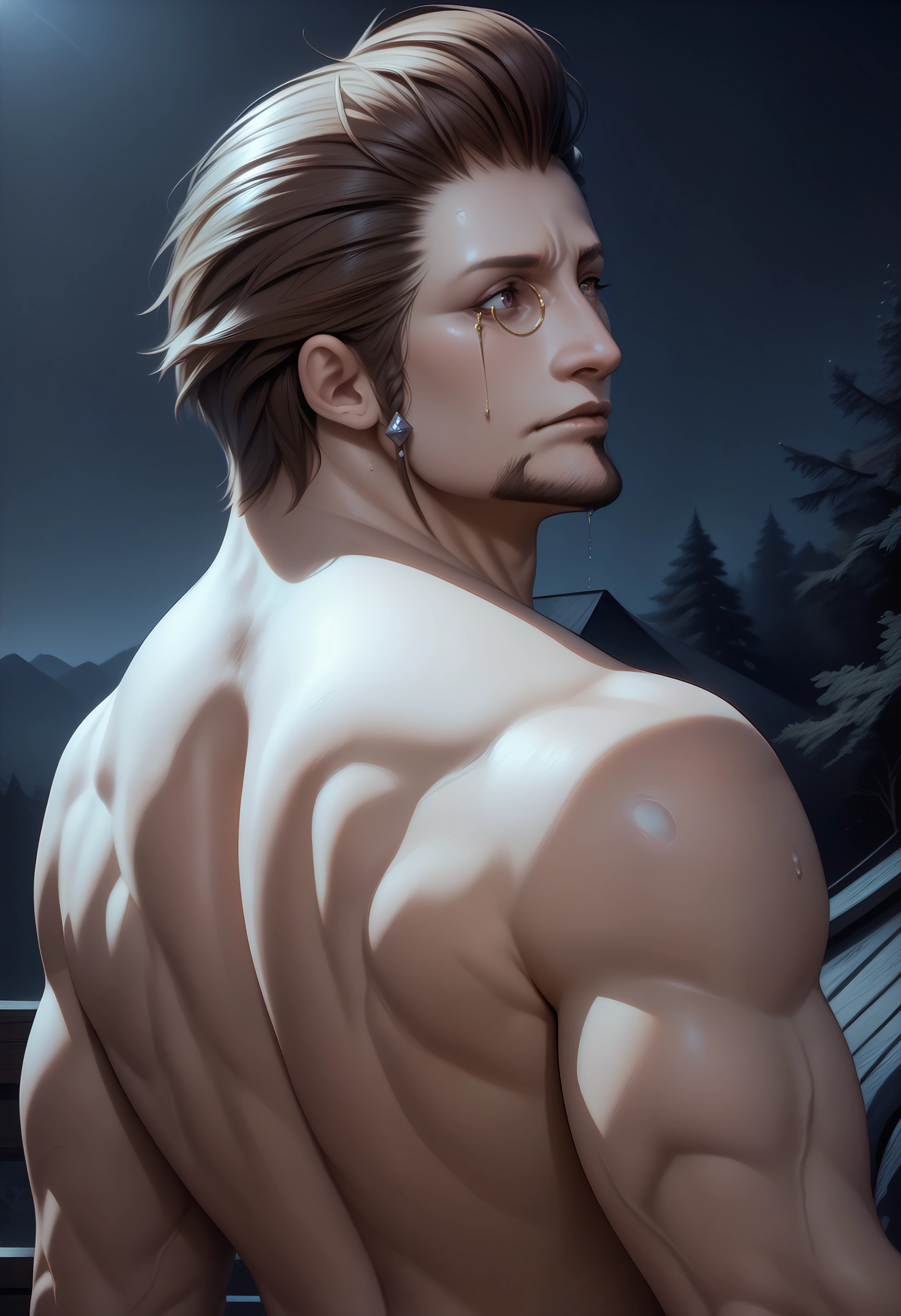 score_9, score_8_up, score_7_up BREAK detailed, solo, Hildibrand, male focus, monocle, facial hair, topless, muscular, from behind, upper body, muscular back, looking to the side, night, dark environment, cinematic, veins, sweat <lora:clamXIVHildibrand_lycoris:1>