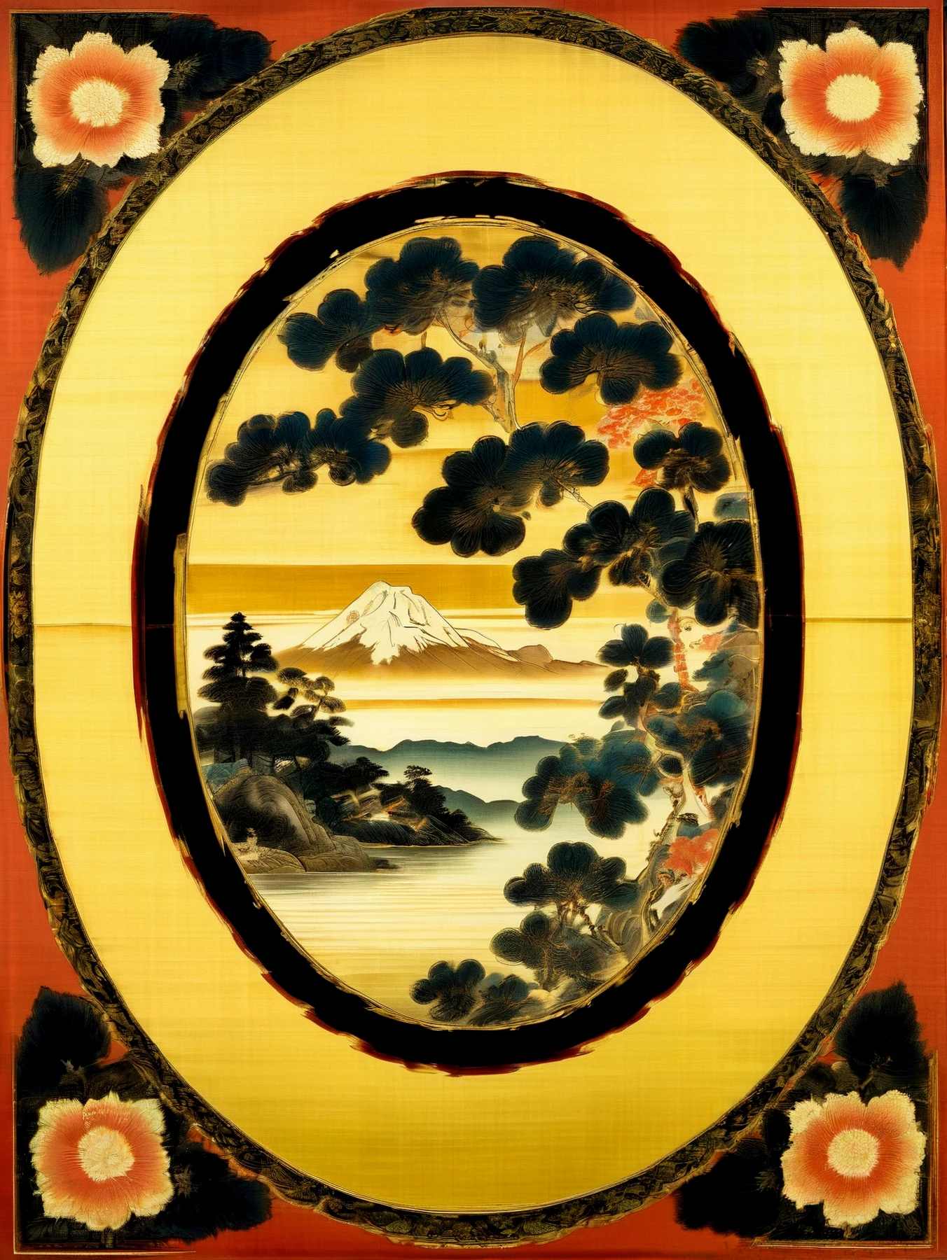 Within an oval frame. Landscape.
BREAK
<lora:Nihonga01_CE_SDXL:1>> Nihonga