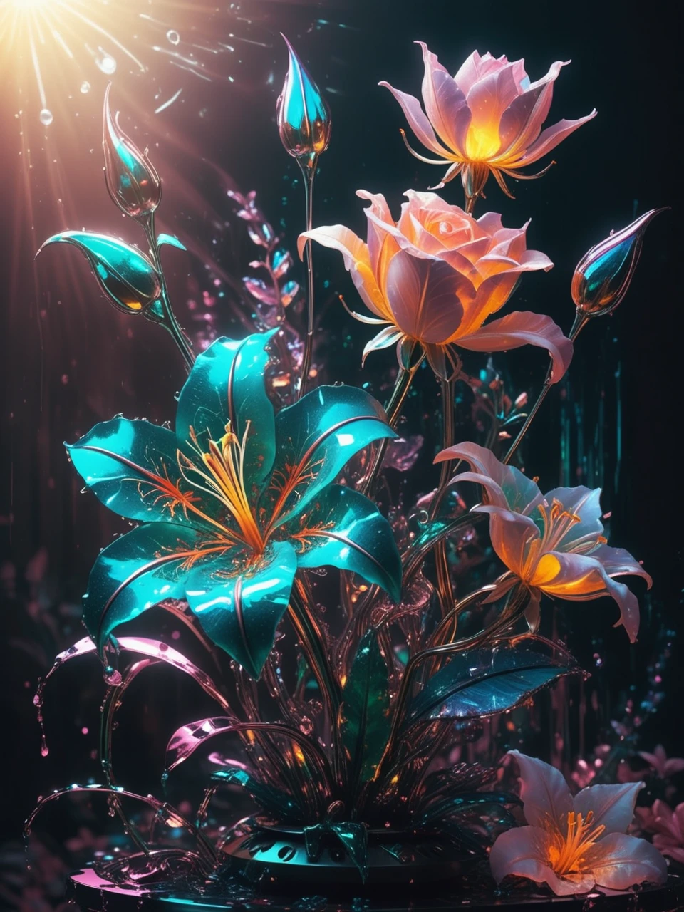 most beautiful cybernetic crystal rose and lily flowers glowing, artistic fragile, epic gloomy, scenic lighting, fusion of organic and machine aesthetics, merge of flowers and clockwork, complementary colors, 35mm photography, soft shadows, splatter art, vibrant