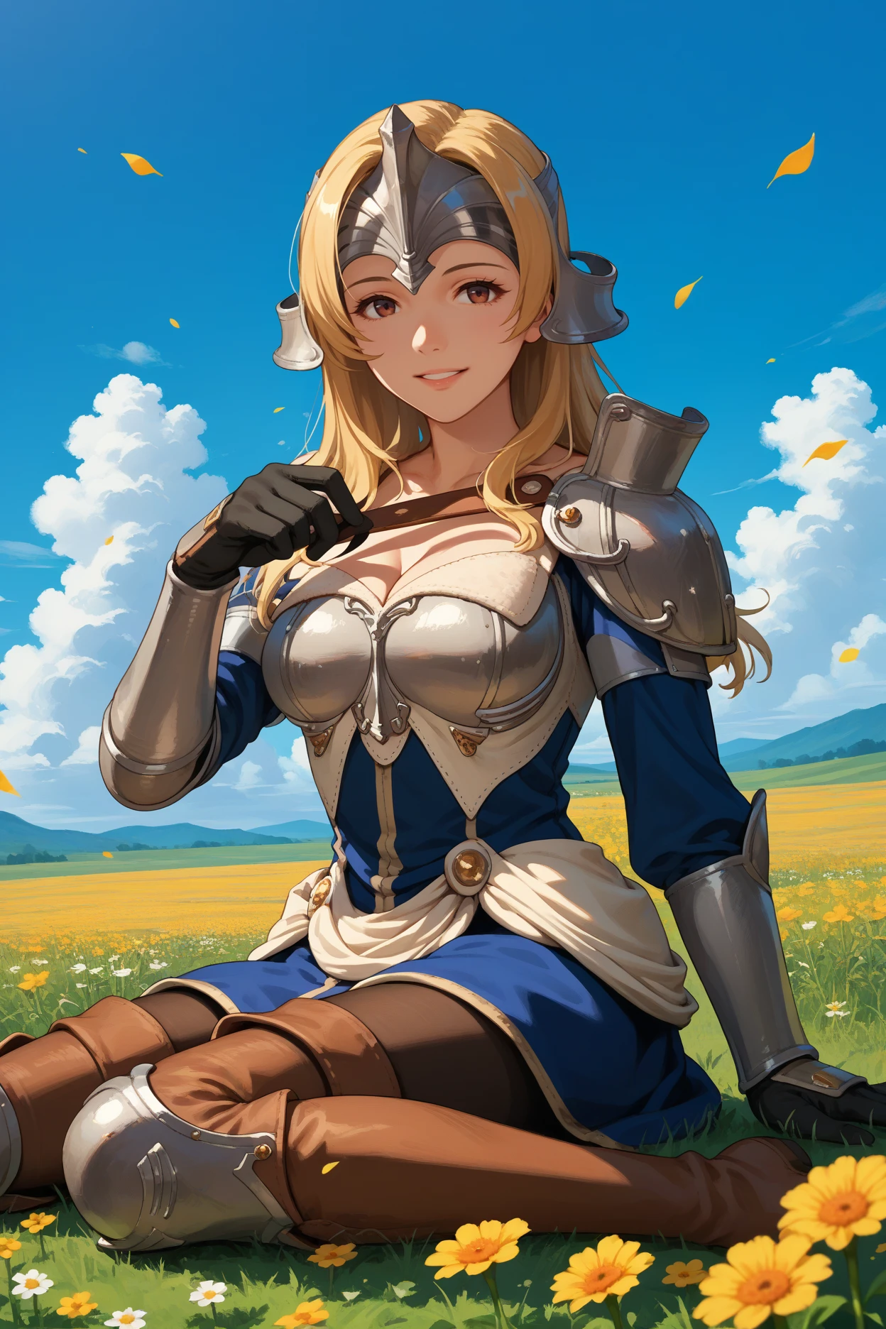 score_9, score_8_up, score_7_up, score_6_up, source_anime, 1girl, solo, <lora:femathilda-pdxl-nvwls-v1-000006:1> feMtlda, blonde hair, helmet, armor, cleavage, large breasts, blue dress, black gloves, pantyhose, thigh boots, sitting, from side, happy, field, flowers, blue sky, clouds, looking at you