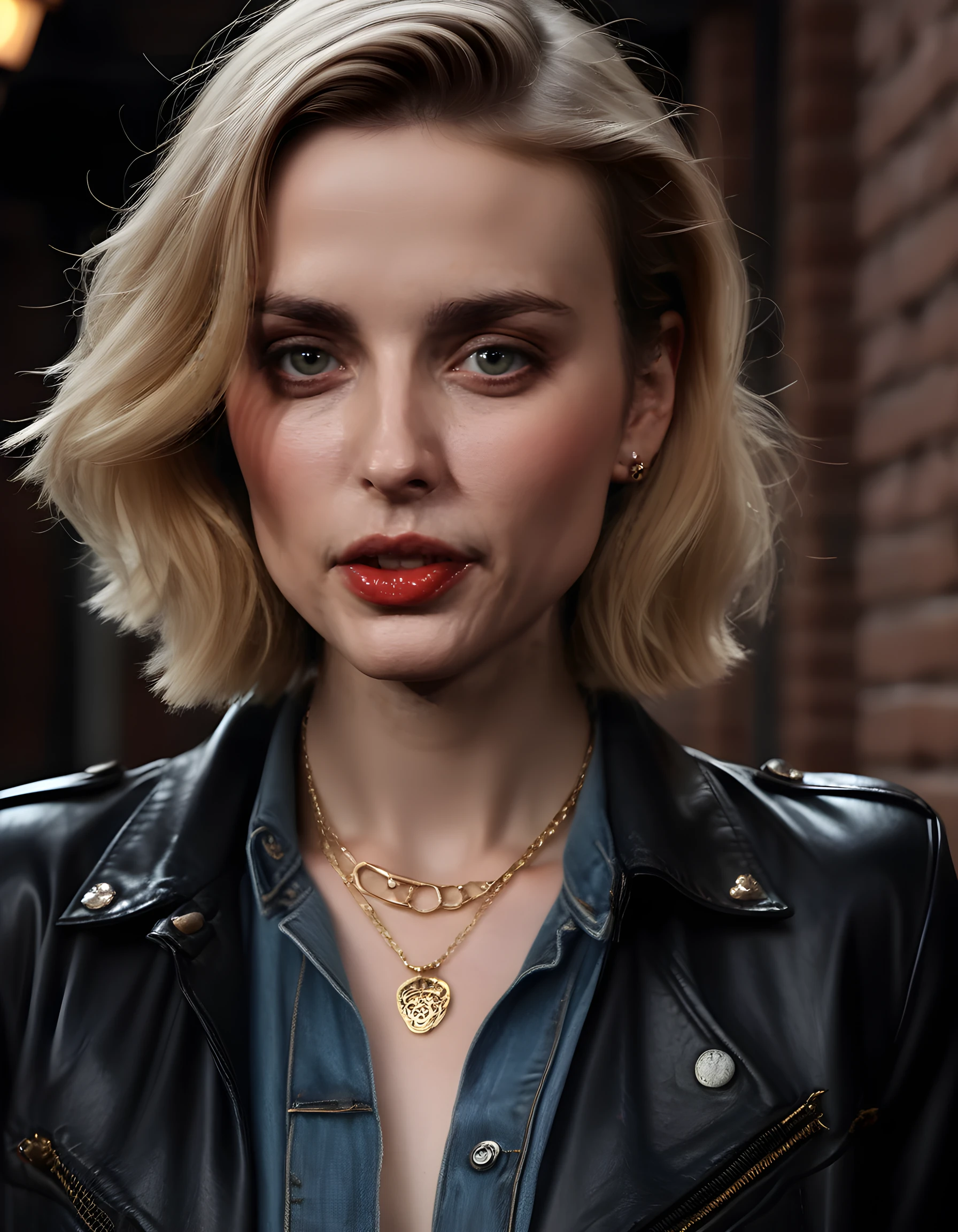 In a gritty, noir-inspired scene, ER1K4R, a woman of striking beauty with a mysterious air, is captured in a dramatic close-up. Her intense, emerald eyes are highlighted by the soft glow of a single, smoky lamp, casting deep shadows across her chiseled features. She wears a vintage leather jacket, adorned with intricate silver studs and frayed edges, draped carelessly over a well-worn denim shirt and tight jeans. A delicate gold necklace catches the light as it hangs from her neck, resting on the collar of the jacket. Her full, ruby red lips are parted slightly in a hint of a smile, while her fingers twirl an ornate silver ring on her left hand. The image is set against a backdrop of weathered brick walls and rusted iron railings, with the distant sound of rain pattering on the pavement echoing through the silent alleyway, creating an emotional tone of intrigue and anticipation.