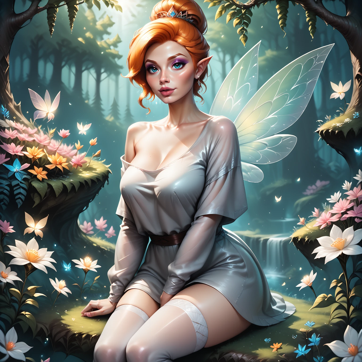 score_9, score_8_up, score_7_up, score_6_up, score_5_up, score_4_up, fairytale forest, ambient lightning, Jed-Fanfopo, flowers of all kinds, magical atmosphere, Fantasy,  ,, masterpiece, full of details, sharp , , sitting, 1 girl, fairy, wings, Jed-ovrszd,  grey oversized shirt,  white stockings, long sleeves, <lora:FantasyForestPONY_epoch_6:0.8>,<lora:Oversized_epoch_3:0.7>