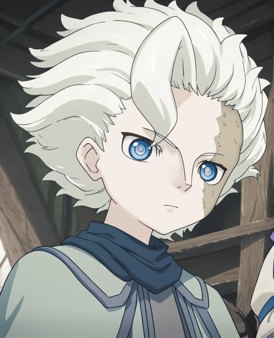 <lora:Belaf_Made_in_Abyss:1>, white hair, blue eyes, belaf, face scar, upper body, score_9