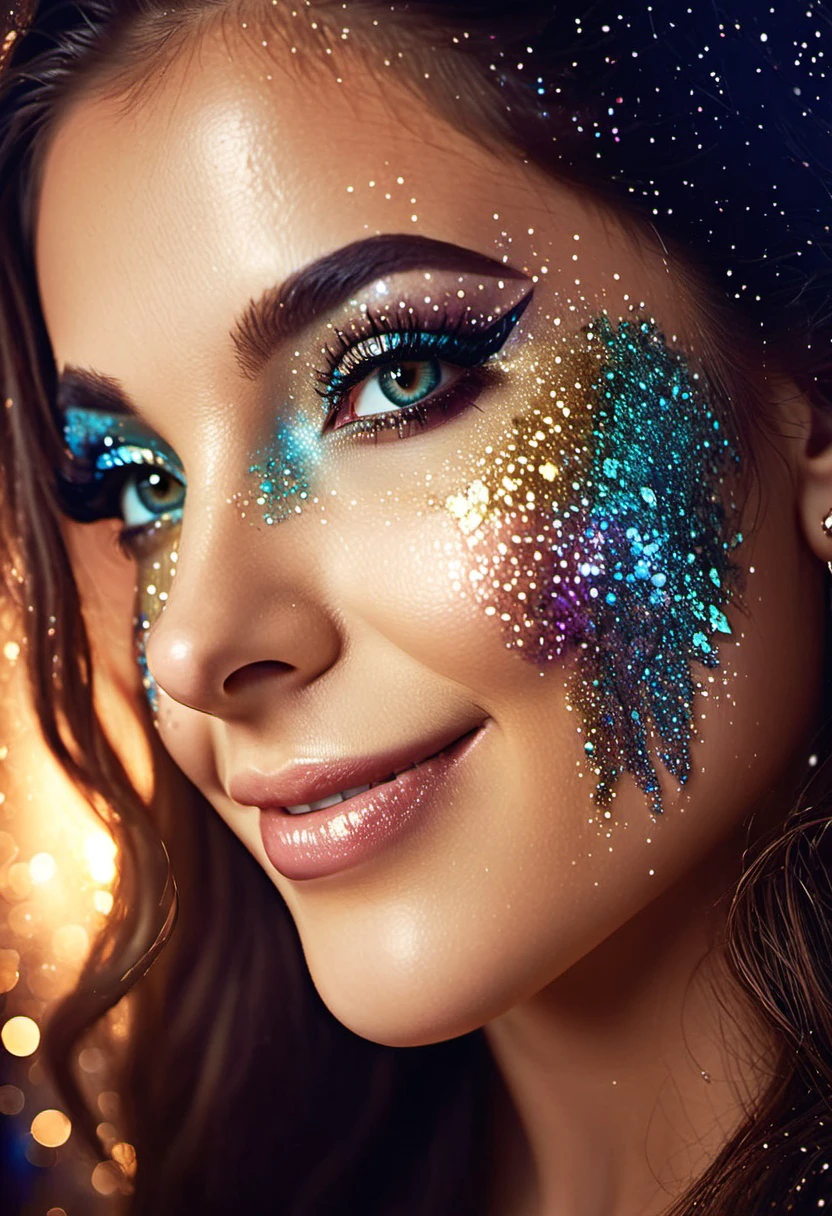 	1girl, body glitter, face glitter, surreal, close up, smile, eyeliner, makeup, mascara, portrait, long hair, shiny skin, 8k, detailed face