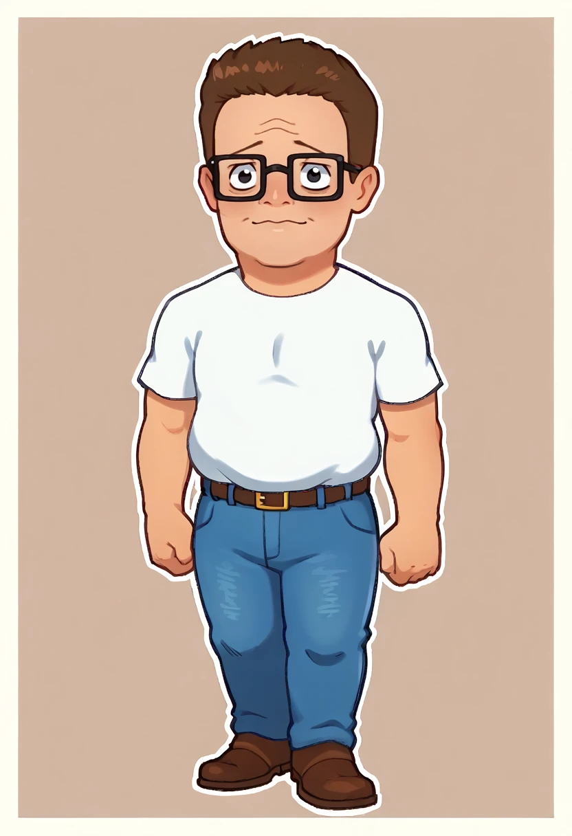 score_9, score_7_up BREAK male focus, hankhillpd, mature male, glasses, brown hair, white t-shirt, jeans, belt, brown footwear, outline, chibi, black eyes <lora:hankhill_pd:0.8>