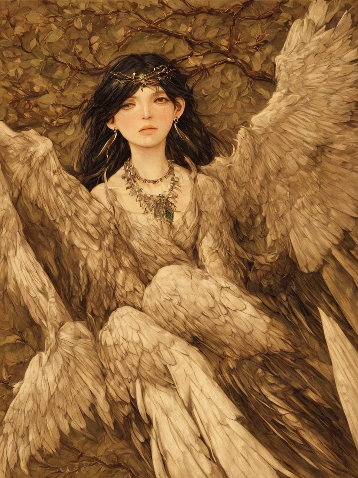 jewelry, branch, necklace, 1girl, wings, solo, harpy, leaf, black hair, earrings