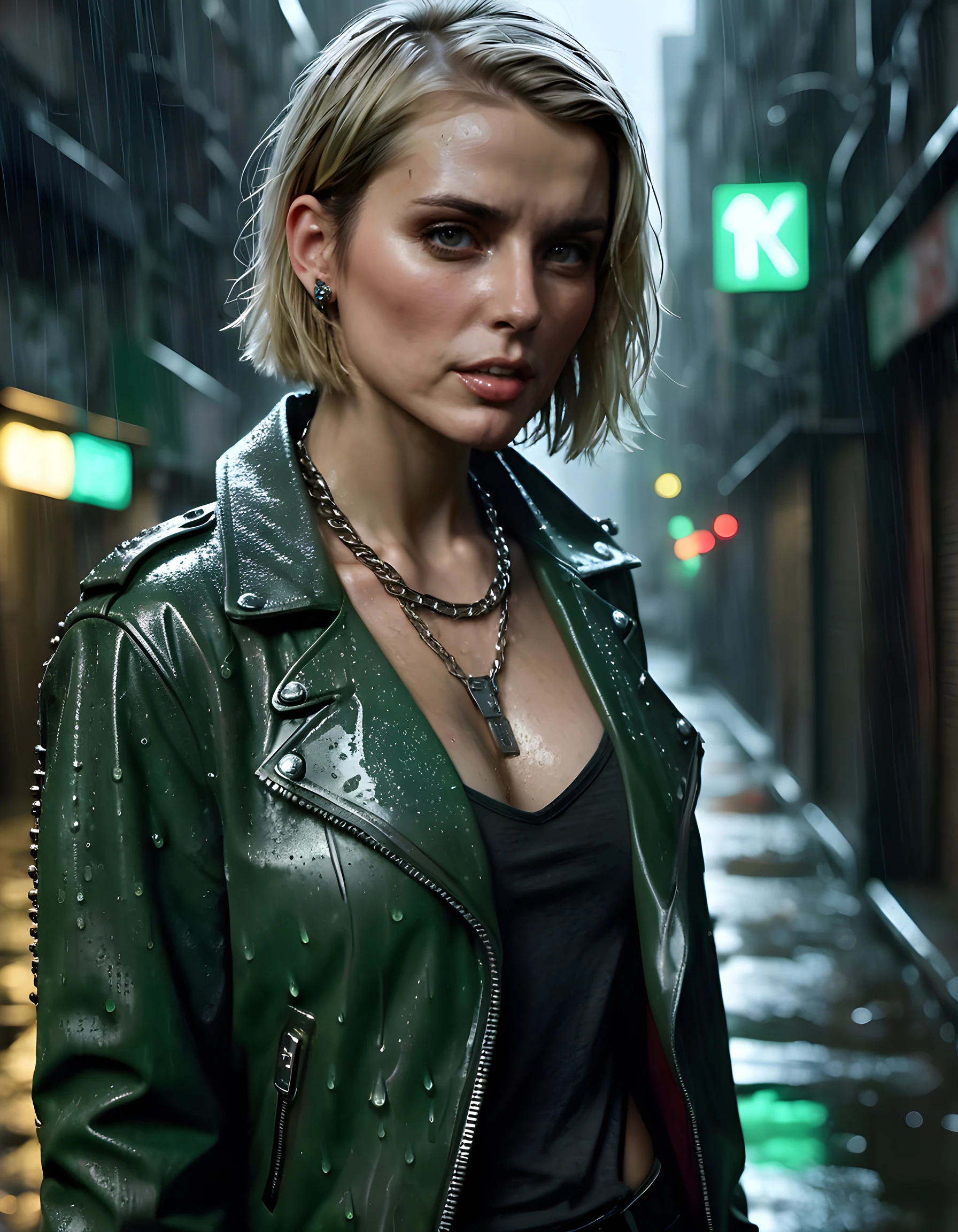 In a gritty, neo-noir setting of a rain-soaked, dimly lit alleyway in the heart of a sprawling metropolis, ER1K4R, a woman with short blonde hair and piercing green eyes, stands defiantly against the elements, clad in a distressed leather jacket adorned with intricate metal studs, her necklace made from a chain linked together by miniature, futuristic circuit boards, her gaze intense and unyielding as she clutches a sleek, silver revolver tightly in one hand, the harsh glow of the streetlights casting eerie shadows on her face, the raindrops beading off her jacket, creating a dynamic interplay of light and darkness that emphasizes both her resolve and the danger lurking just beyond the frame.