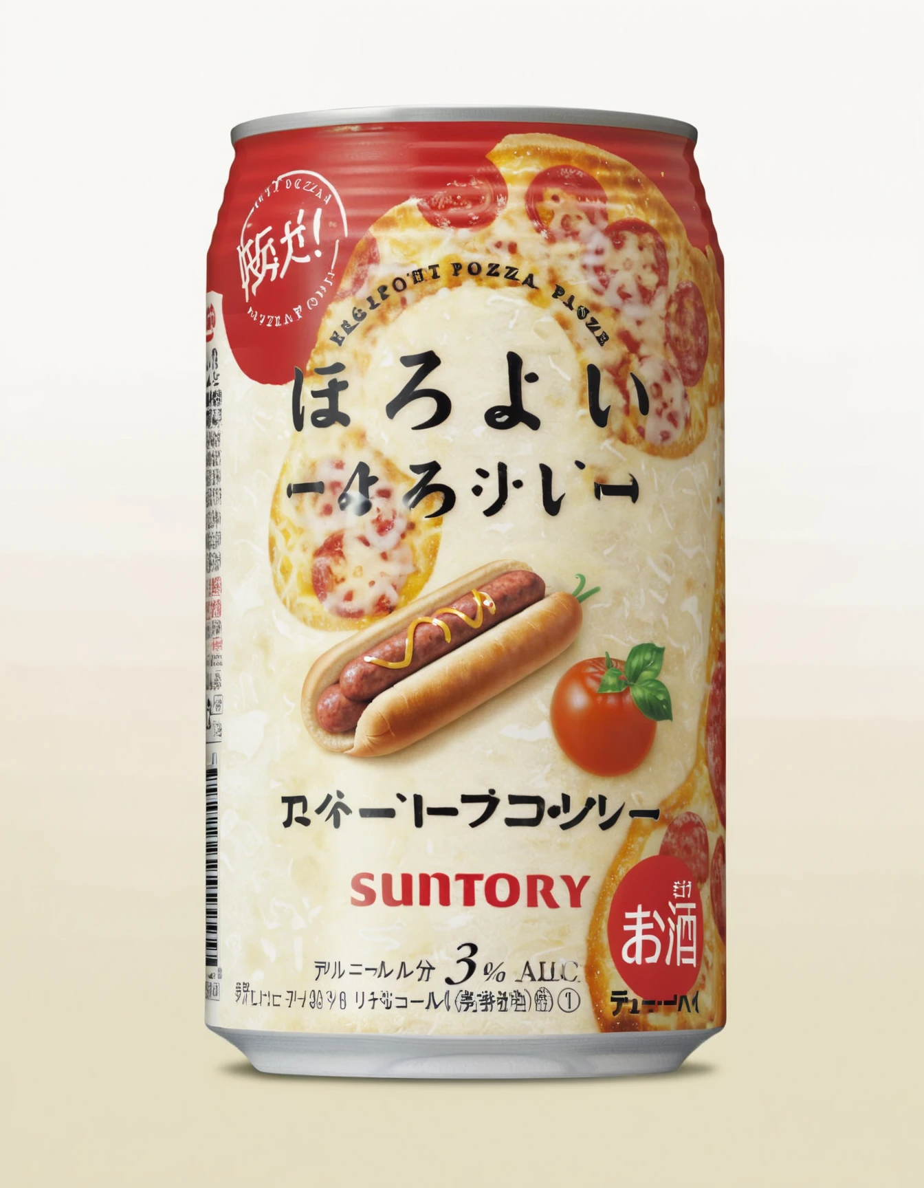 Create a realistic image of A can with a American Sausage Pizza imprinted on it, , SUNTORY, <lora:horoyoi2:0.8>,solo, close up,