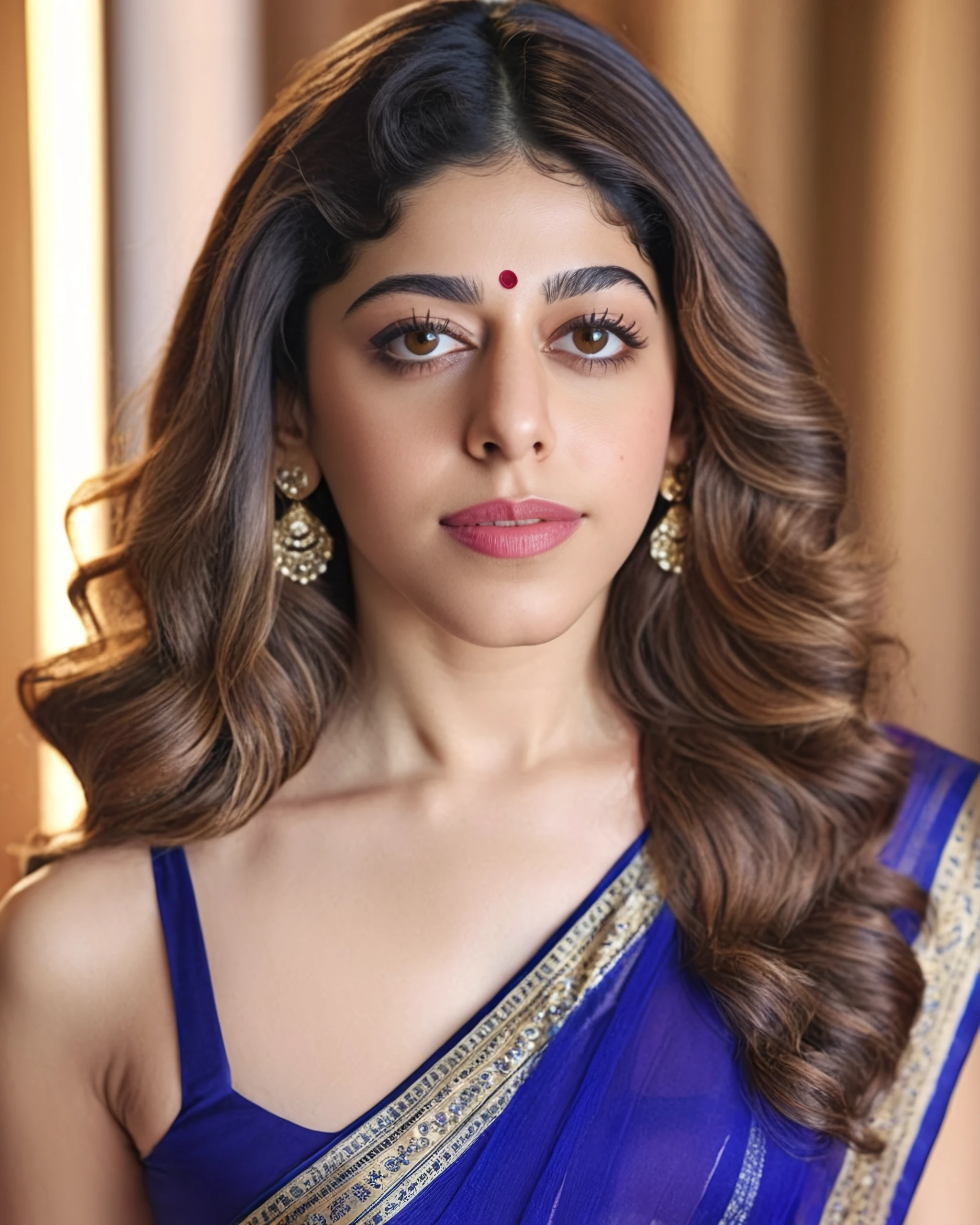 portrait photo of Alaya F woman, solo, curls hair cut, serious look, looking at the camera, ethnic Sapphire saree and blouse, , contrasting background bokeh,  skindentation,  <lora:Alaya_F_SDXL_LoRA_prodigy_local_xformers_HNE:1>