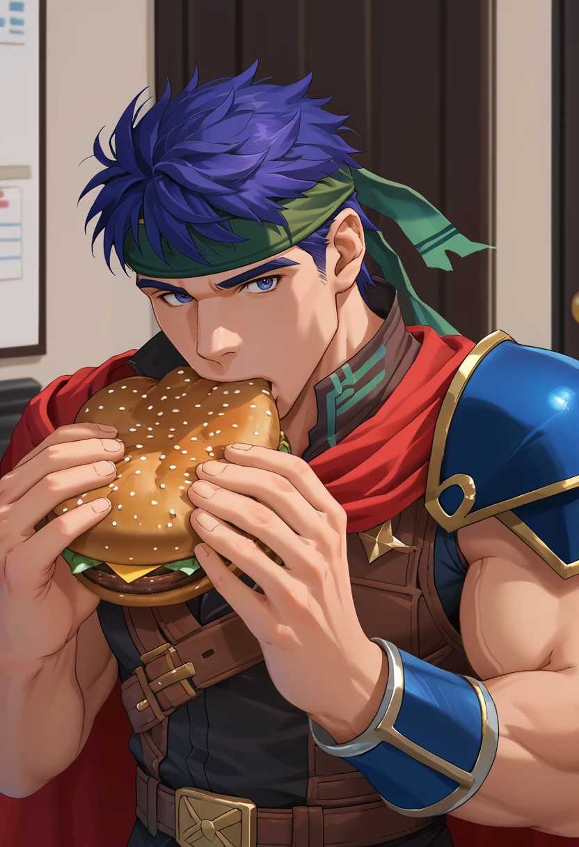 score_9, score_8_up, score_7_up, source_anime, upper body, solo, male focus, 1boy, fe10ike, muscular male, jermaWhopper, eating, burger, looking at you, upper body, headband, red cape, brown vest, belt, shoulder armor, indoors, office <lora:fireemblem_ike_ponyXL:1> <lora:jermawhopper-pdxl-nvwls-v1:1>