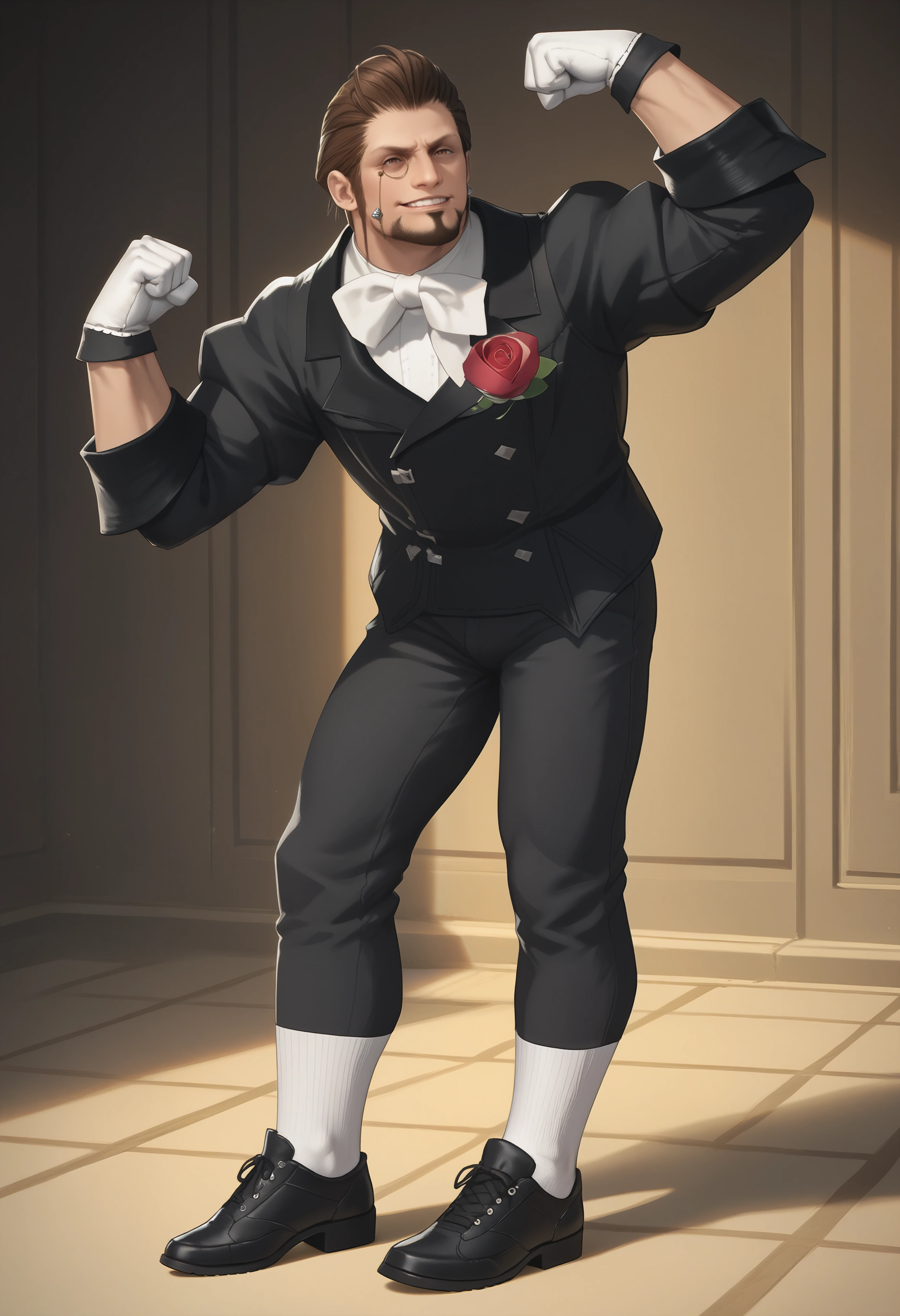 score_9, score_8_up, score_7_up BREAK Hildibrand, male focus, monocle, facial hair,  black jacket, white bowtie, rose boutonniere, white gloves, black pants, white socks, black footwear, flexing, grin, standing, leaning forward, side view <lora:clamXIVHildibrand_lycoris:1>