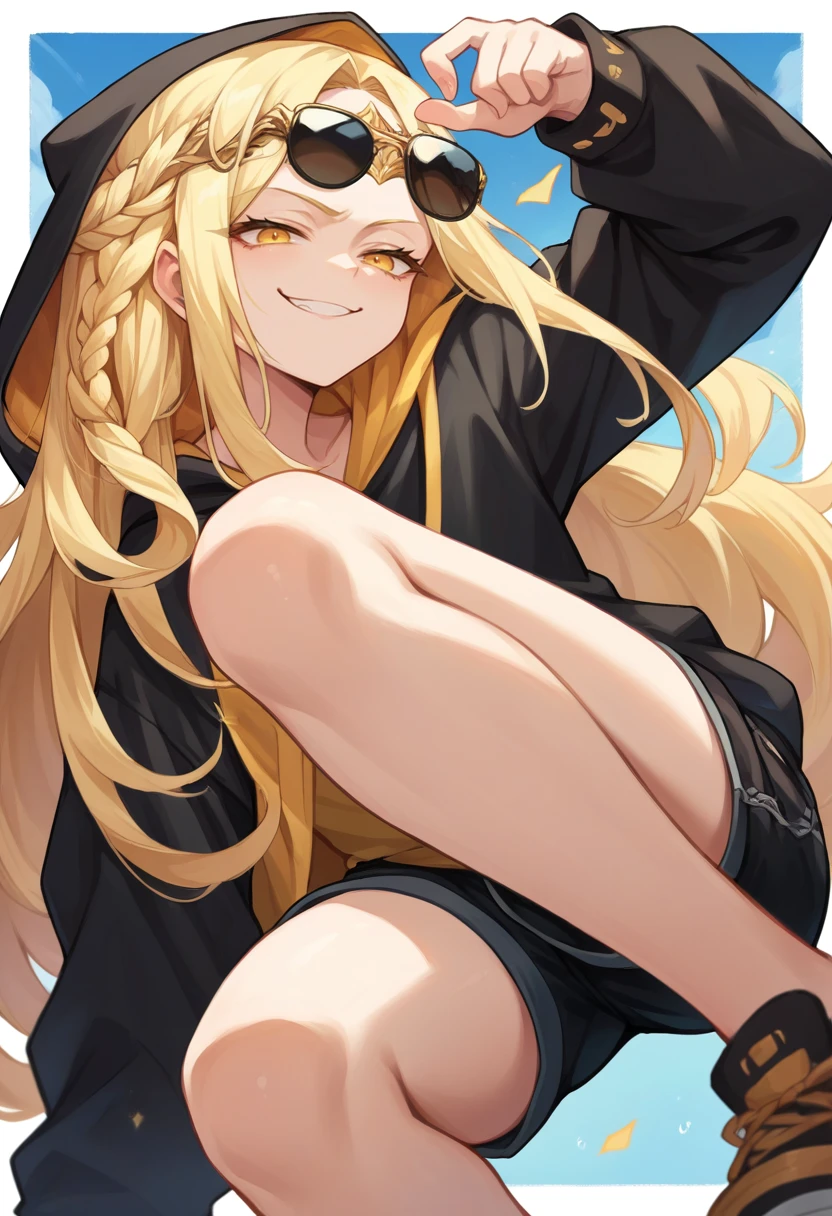 score_9, score_8_up, score_7_up, source_anime, <lora:wrenchEldenRingSoteMiquella:1>, ersotemiquella, blonde hair, 1boy, braid, long hair, yellow eyes, circlet, 
hoodie, black hoodie, tinted glasses, sunglasses, smug, black shorts, thighs,