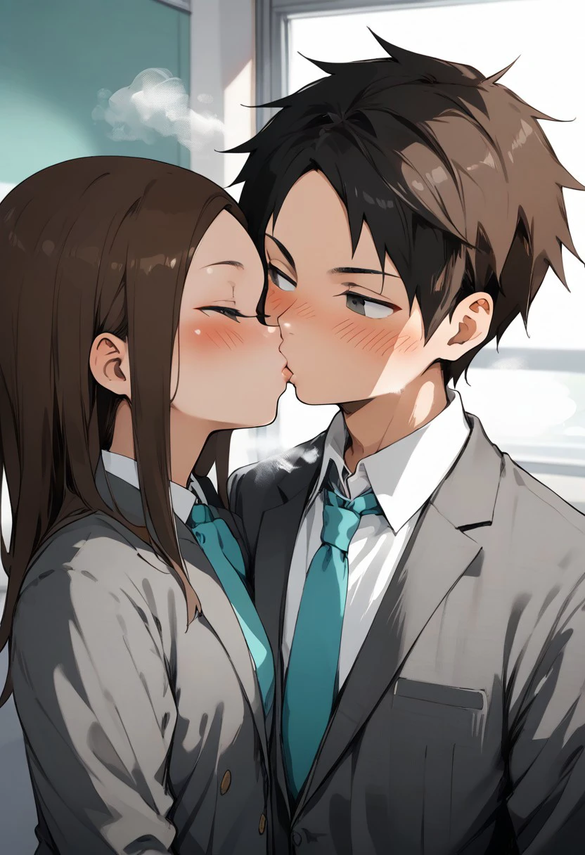 score_9, score_8_up, score_7_up, source_anime,  
takagi-san is 1girl,  brown round eyes, brown hair,  center part bangs, straight hair, (forehead:1.2), small breast, school uniform, gray jacket, pale-turquoise bowtie,  white collared shirt, looking at , steam, blush, 
kissing,
BREAK
Nishikata is 1boy, ,looking at partner,, black eyes, black hair,   school uniform, gray jacket, pale-turquoise tie, white collared shirt, steam, blush