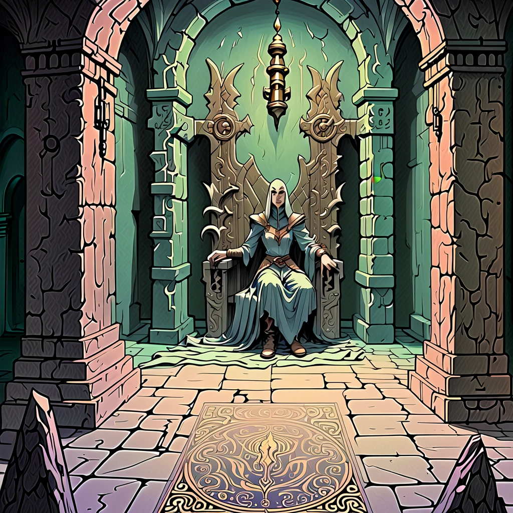 A stunning, high-resolution, fantasy-inspired setting, reminiscent of a classic Dungeon and Dragon setup, blending 1980s fantasy art with modern muted pastel , The overall aesthetic is eerie, ethereal, and inviting,