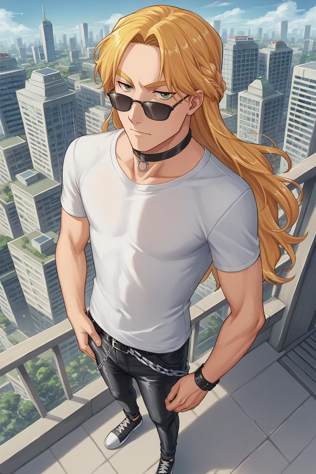 score_9, score_8_up, score_7_up, score_6_up, score_5_up, score_4_up, BREAK source_anime, solo, 1boy, male focus, <lora:NSGustPortia:1> NSGustPortia, long hair, blonde hair, green eyes, freckles, sunglasses, choker, white t-shirt, leather pants, chain belt, from above, city skyline, outdoors