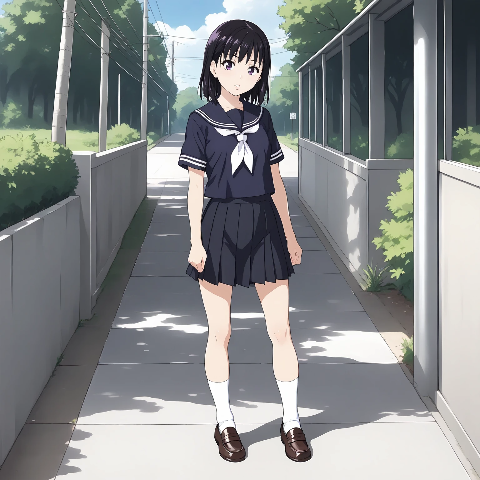 <lora:NBnSd_AkihoTaniguchiXLpony001>,
parted lips,
solo,
AkihoTaniguchi,1girl,black hair,medium hair,purple eyes,
serafuku,black blue shirt,short_sleeves,
pleated_skirt,black skirt,
white socks,loafers,
outdoors,
full body,standing,