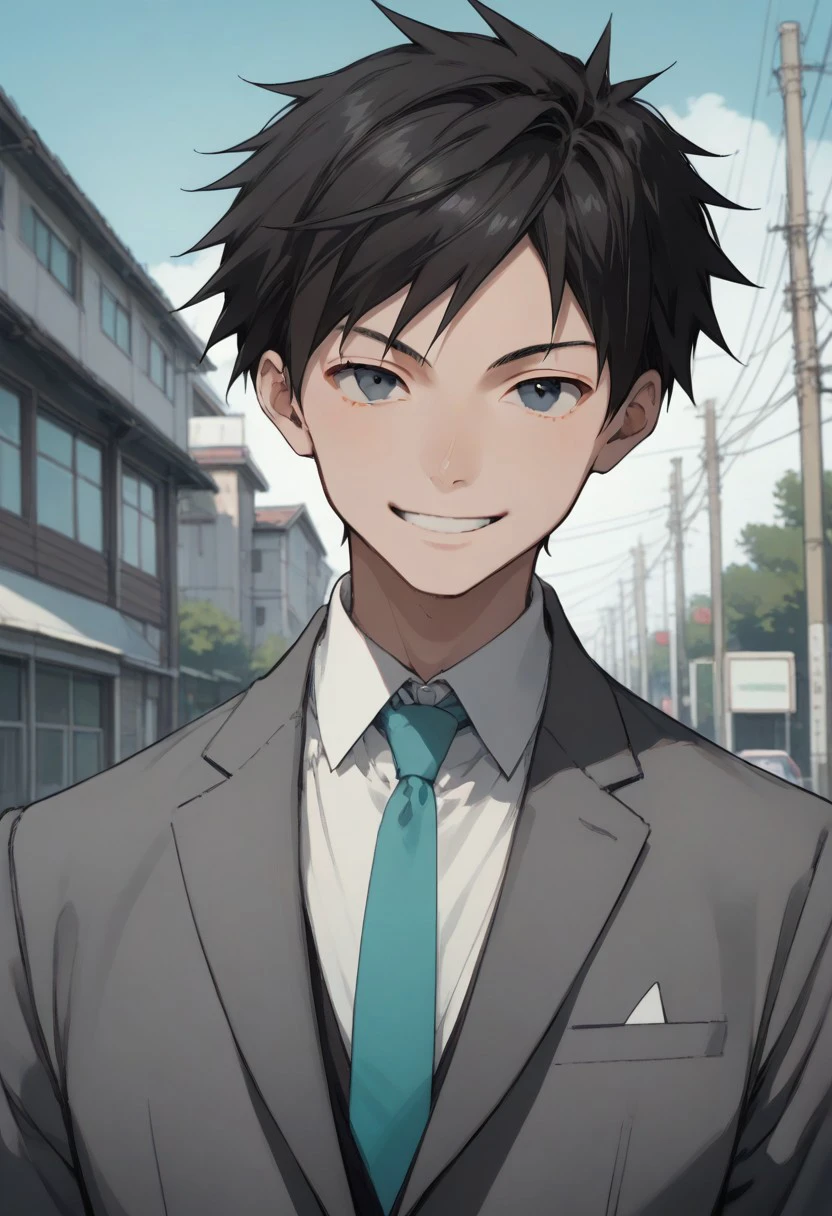 score_9, score_8_up, score_7_up, source_anime,  Nishikata is 1boy, ,solo, black eyes, black hair, school uniform, gray jacket, pale-turquoise tie, white collared shirt, smile,