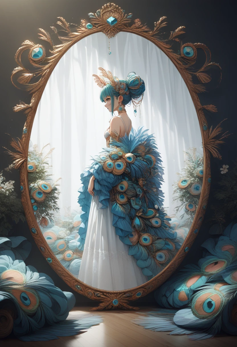 (source_anime:1.2), peacock, score_9, score_8_up, score_7_up, score_6_up, women made of peacock, looking at the mirror
 <lora:Peacock_World_Morph_XL:1>,, score_9, score_8_up, score_7_up,