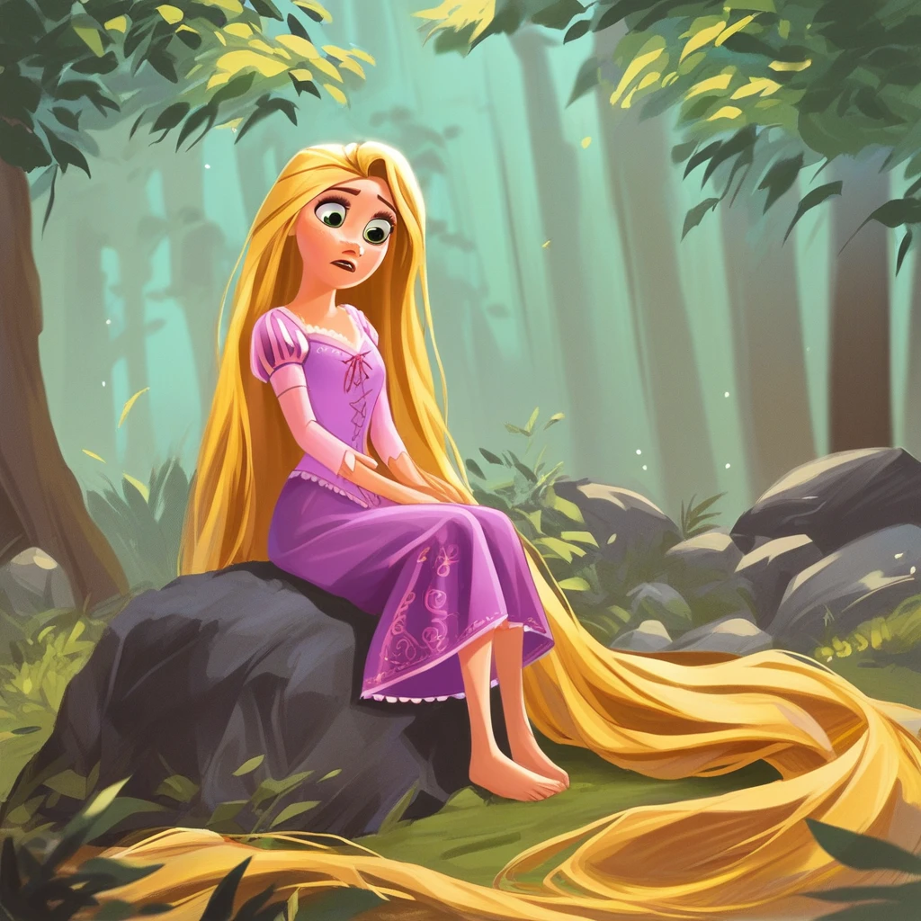 score_7_up, BREAK, rapunzel, 1girl, solo, blonde hair, long hair, green eyes, dress, full body, sitting on rock, outdoors, forest,