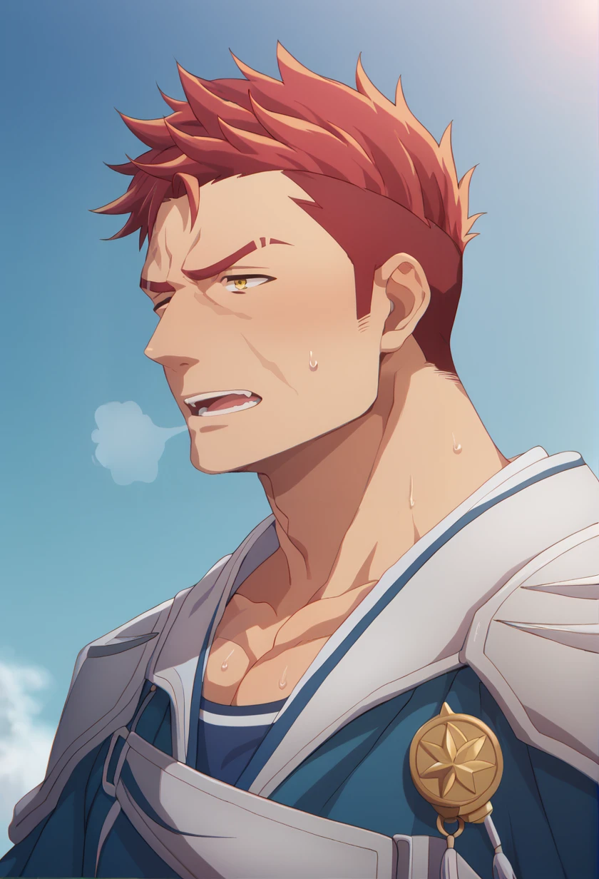 ,score_9, score_8_up, score_7_up, score_6_up, ,male focus, 1boy, oguto,male,1boy,mature,muscular,bara,short undercut red hair,scars on the right side of his face,uniform, (opened eyes),scar on right eyebrow,manly,large man,yellow eyes, heavy breath. sweat,bara,   blue sky background,, <lora:Bara-Variety:1> <lora:Expressive_H:1>,   <lora:Oguto_captain_weakest_tamer:0.85>