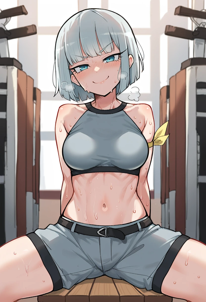 score_9, score_8_up, score_7_up, score_6_up, score_5_up, source_anime, rating_explicit,
1girl,   young, petite, solo, medium hair, annoyed , dark-skinned female, white hair,
gym bra, sagging large breasts, sideboob, (puffy covered nipples:0.6), grey yoga pants, pants pull, g-string , partially visible vulva, (wedgie:1.05), pubic hair, excessive pubic hair,    v_sign, holding condom wrapper,
standing, legs apart, ,
<lora:Oekakizuki-v2-PDXL:1>