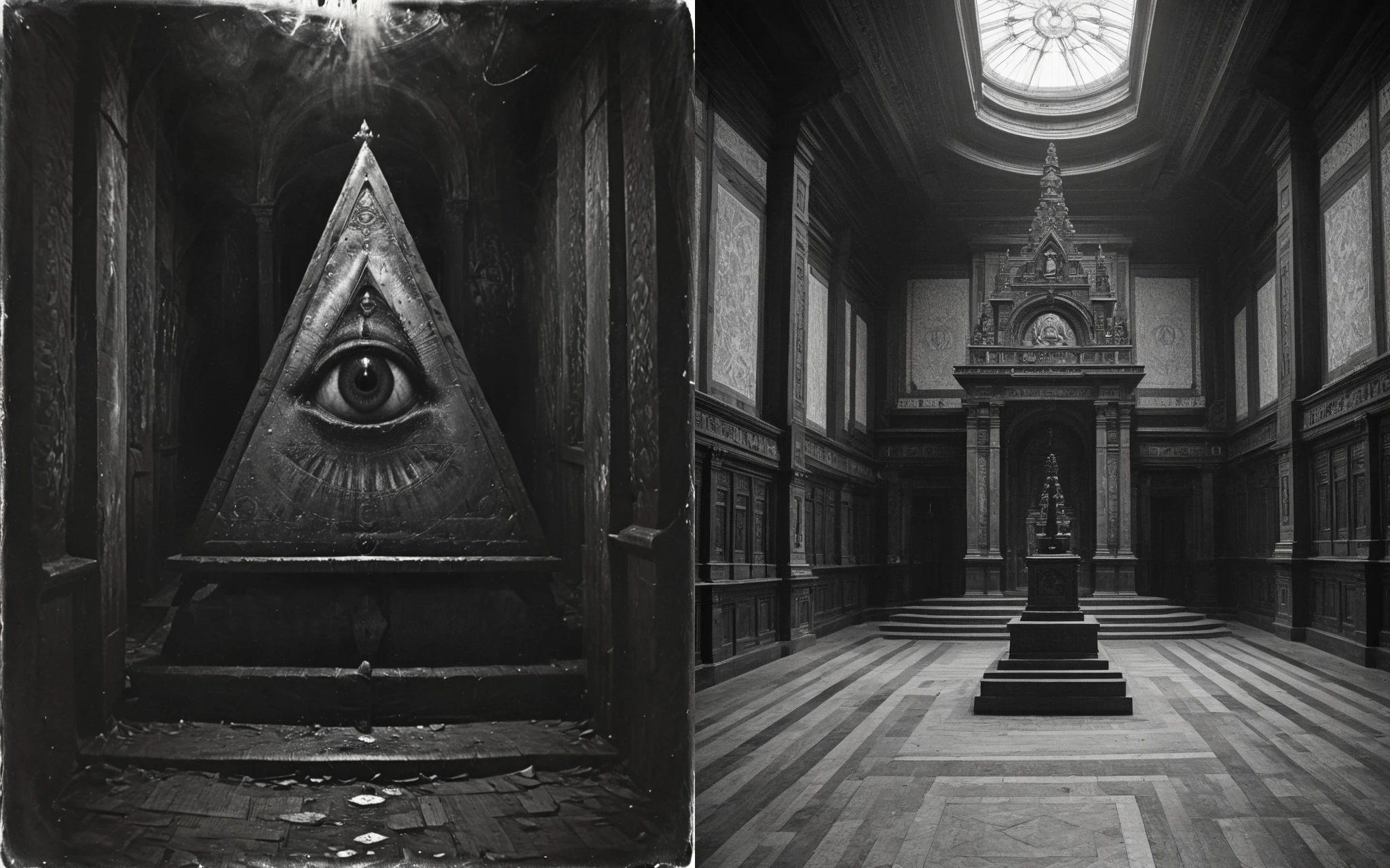 <lora:Old_Photo_Style:0.8> 01dPh0t0, sinister, eerie, black and white photo, dark, shadow, distorted, grainy, film grain, Victorian, illuminati, temple, eye