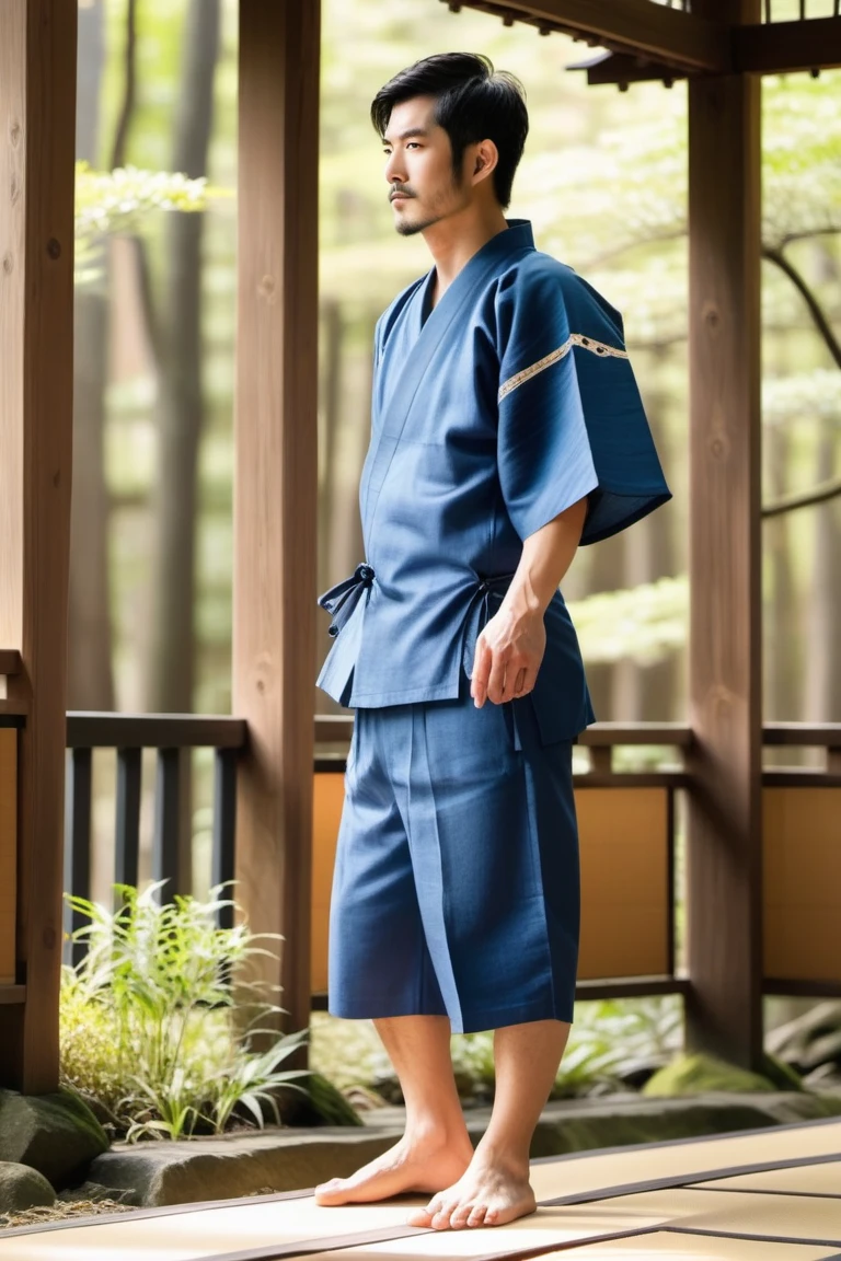 score_9, score_8_up, score_7_up, score_6_up, hannekenjinbei, outdoor, torii, forest, sunlight, feet out of frame, perfect anatomy, perfect proportions, best quality, masterpiece, high_resolution, high quality, aesthetic, absurdres, (male focus, solo male:1.2), asian man, short hair, black hair, black eyes, facial hair, stubble, clothing, japanese clothing, jinbei \(japanese clothing\), blue jinbei, indigo jinbei, yarn knitting on sleeves \(japanese clothing\), wide sleeves, short sleeves, side-knot closure clothing, jinbei half pants, adult, mature, masculine, manly, handsome, charming, alluring, standing, upper body, dutch angle, cowboy shot<lora:EMS-443617-EMS:0.600000>