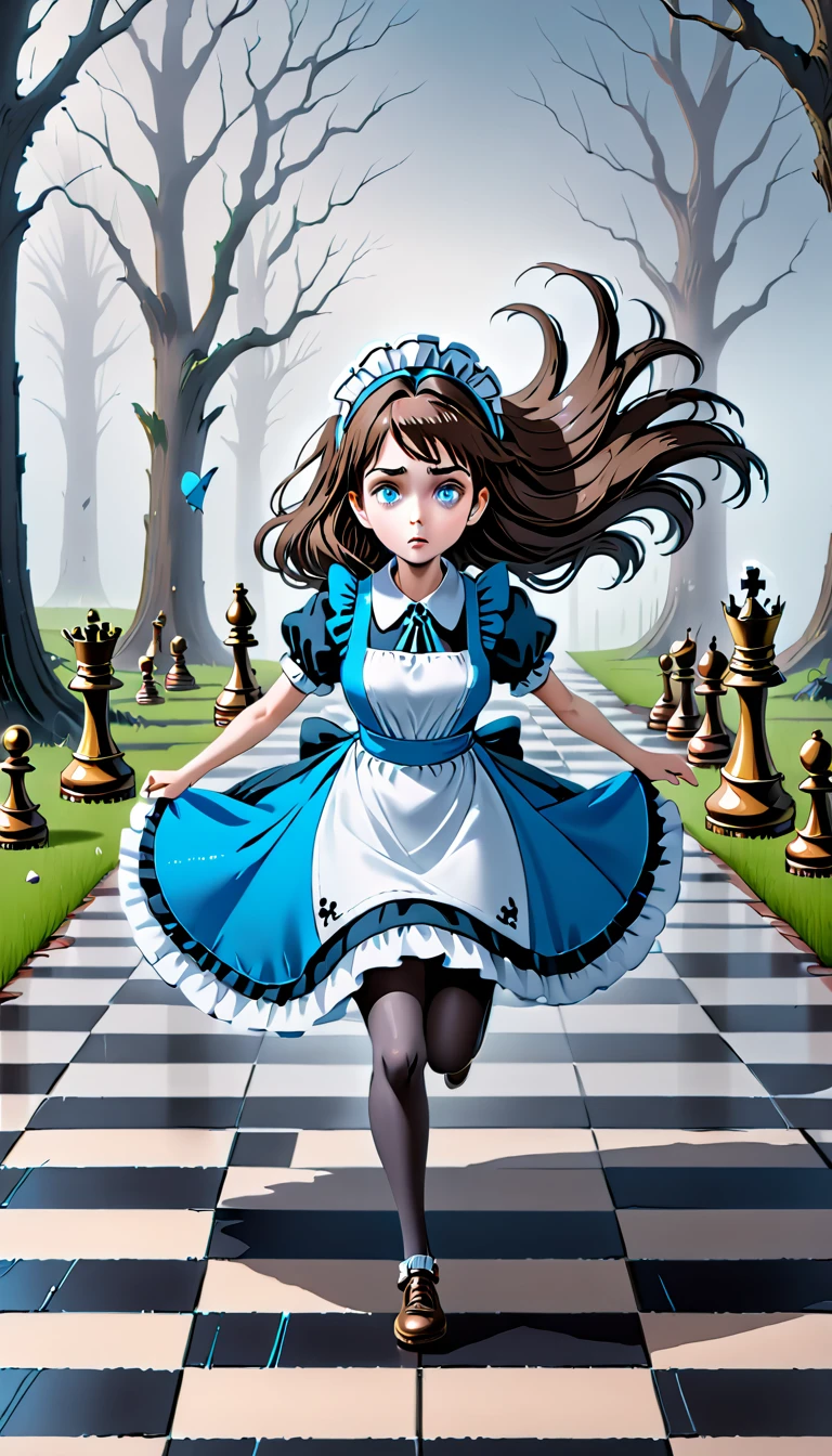 Alice in Wonderland running with very long dark brown hair in the wind and a blue maid dress with short sleeves and black tights in the dreamy fog with a tiled floor chess board landscape in front of her  <lora:Everly_Heights_TaleSpinner_Pony_XL:1>