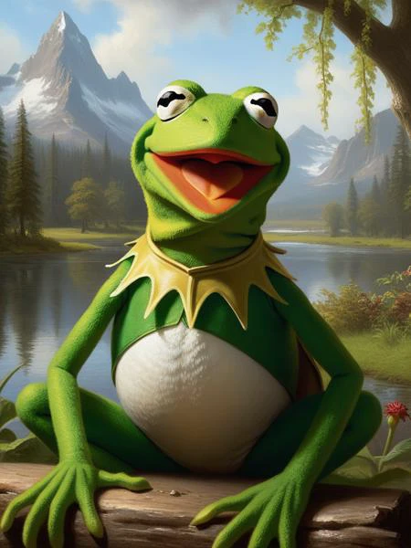 <lora:06NatureArt_Hap_XL:1>, Albert Bierstadt style, Kermit the Frog in the style of Magic: The Gathering trading card art,